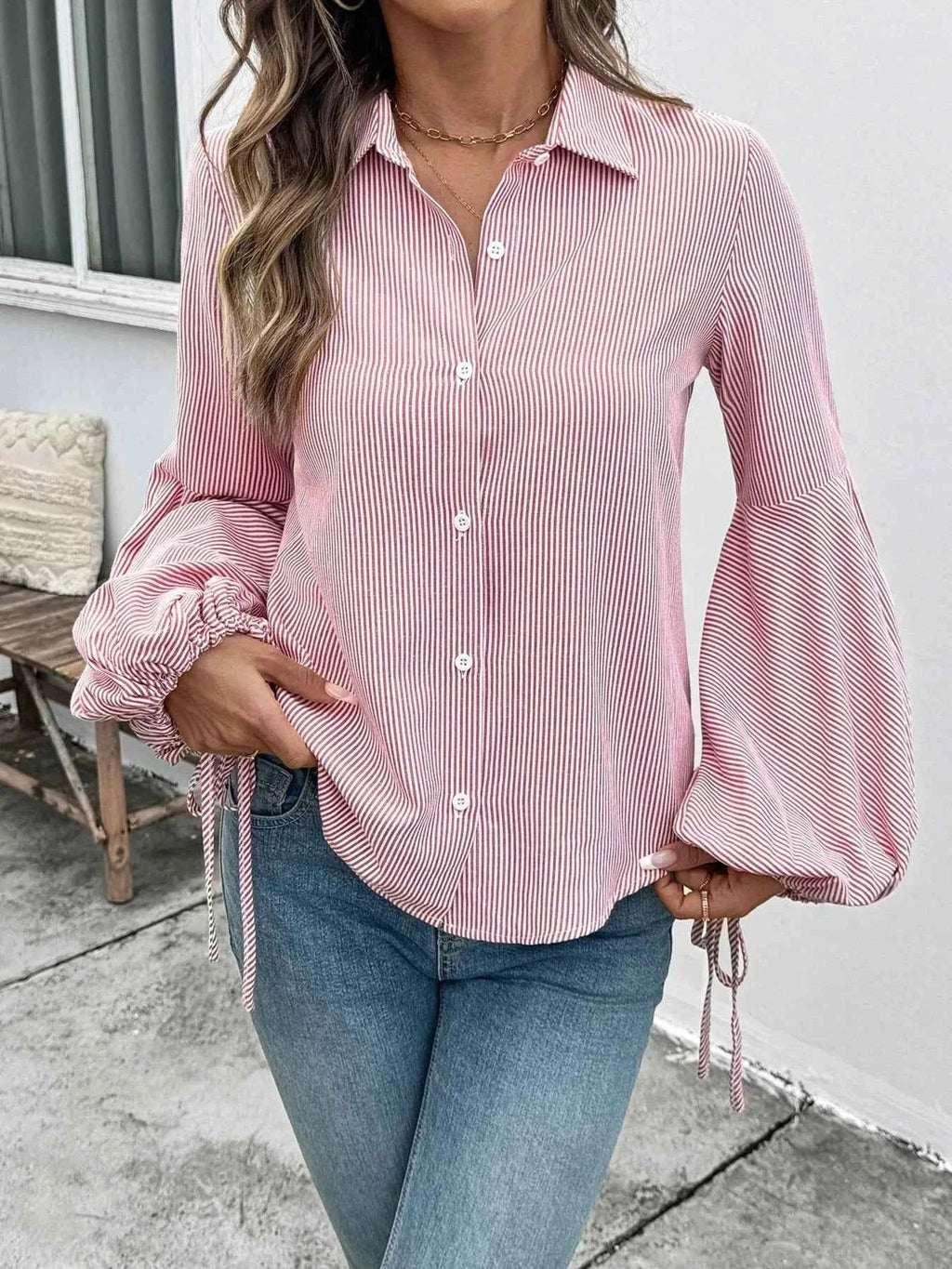 Striped Balloon Sleeve Button-Up Shirt fa24e3d83d83433c9a5b29b6e94ce37a-Max-Origin