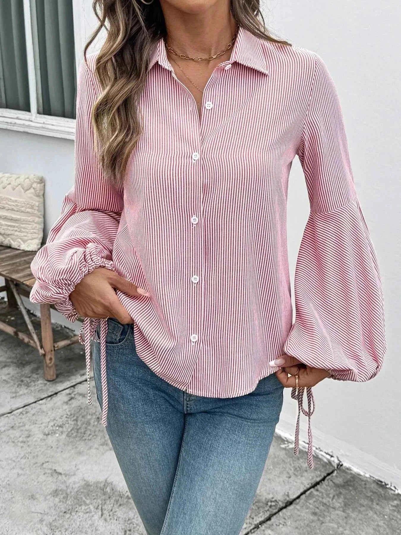 Striped Balloon Sleeve Button-Up Shirt fa24e3d83d83433c9a5b29b6e94ce37a-Max-Origin