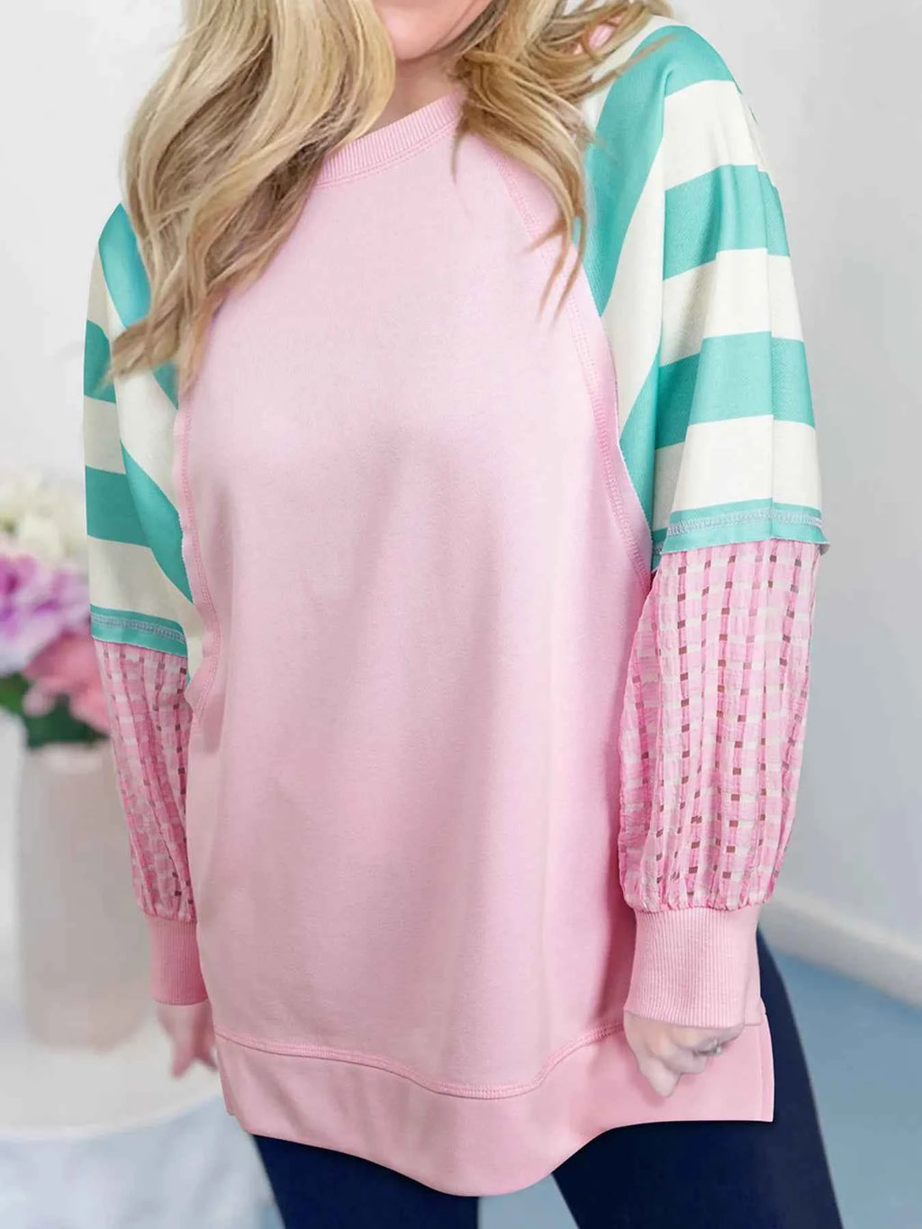 Striped Color Block Patchwork Raglan Sleeve Top with Slits Blush Pink fa27455c7b164f0a88ede39056affea5-Max-Origin