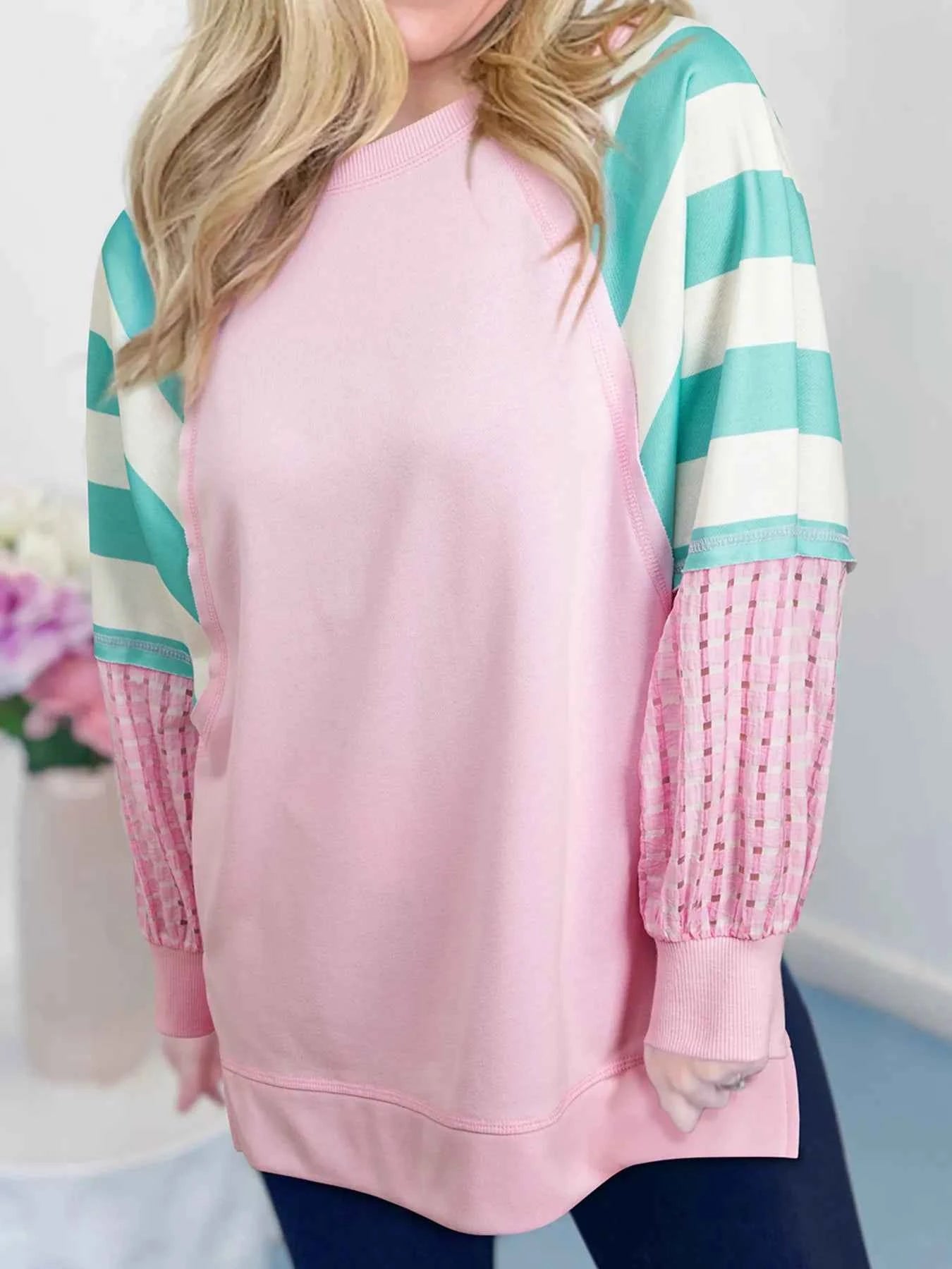 Striped Color Block Patchwork Raglan Sleeve Top with Slits Blush Pink fa27455c7b164f0a88ede39056affea5-Max-Origin