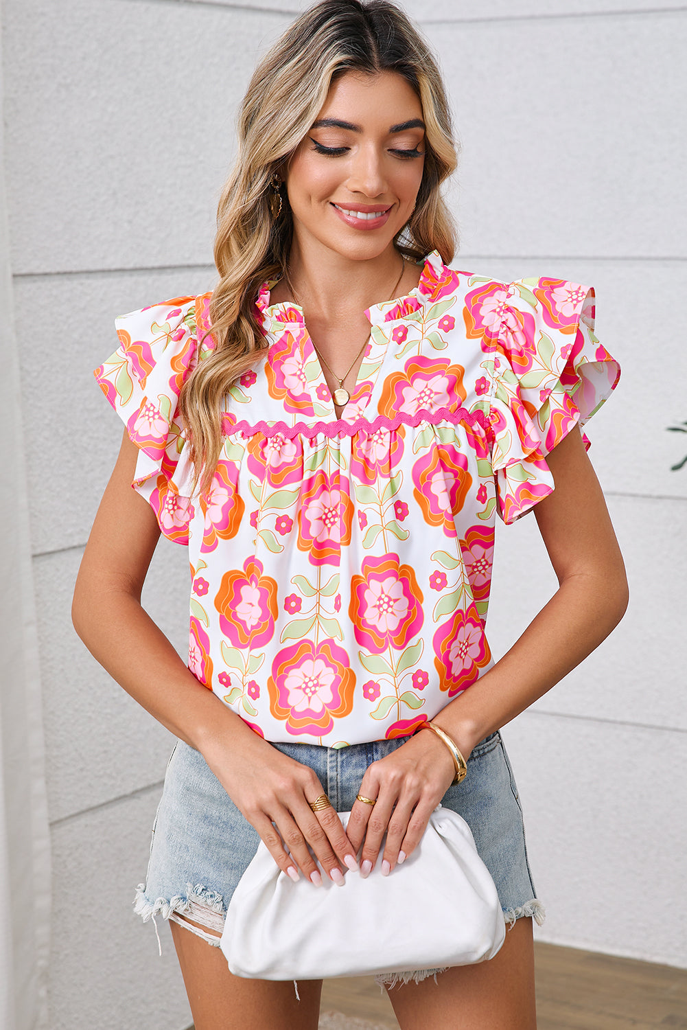 Rose Boho Floral Print Ricrac Ruffle Sleeve Blouse fa279d26037e549f