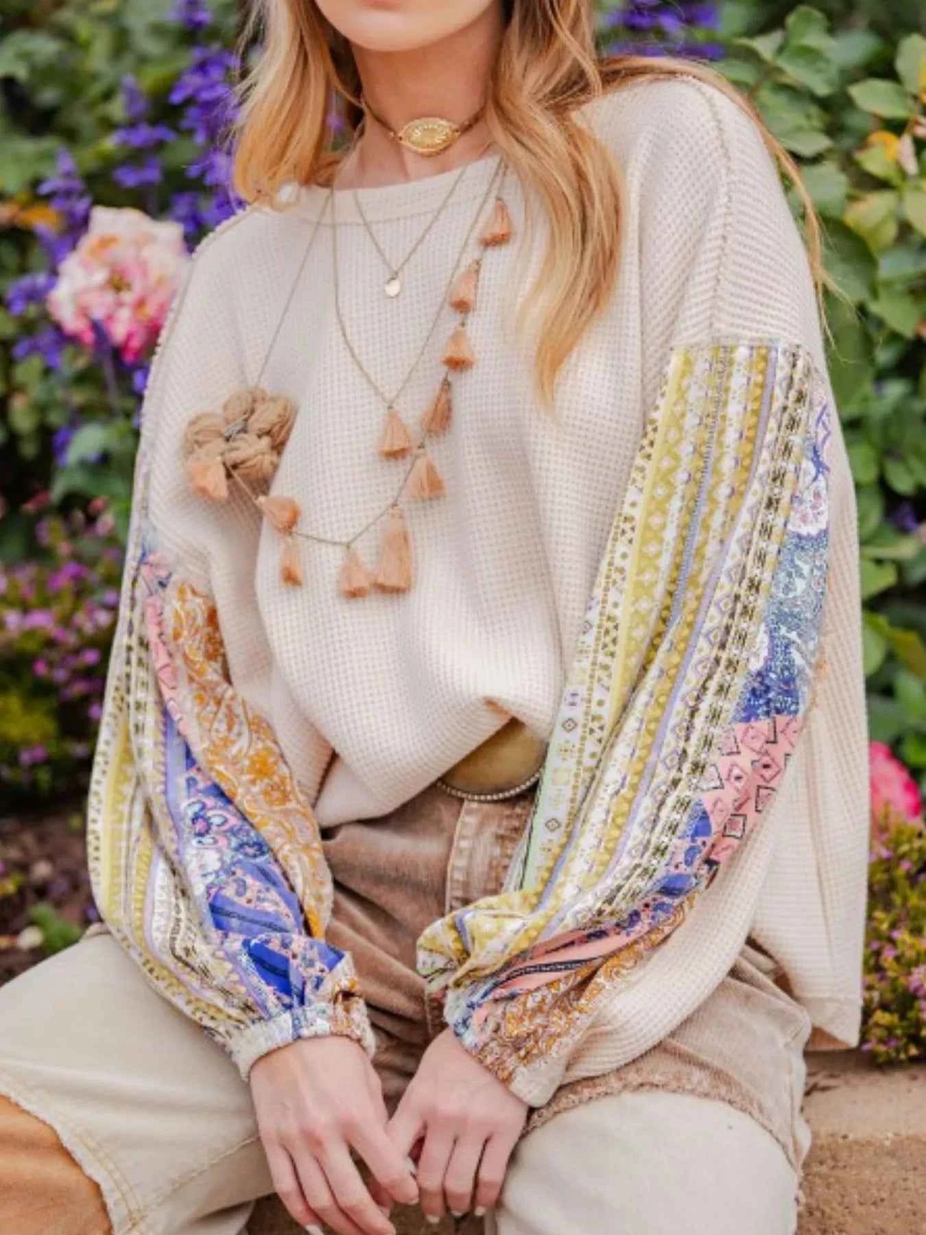 Waffle Knit Round Neck Dropped Shoulder Sweatshirt Ivory fa2bcd8a-4884-49e3-b594-a3ab3efb60c8-Max-Origin
