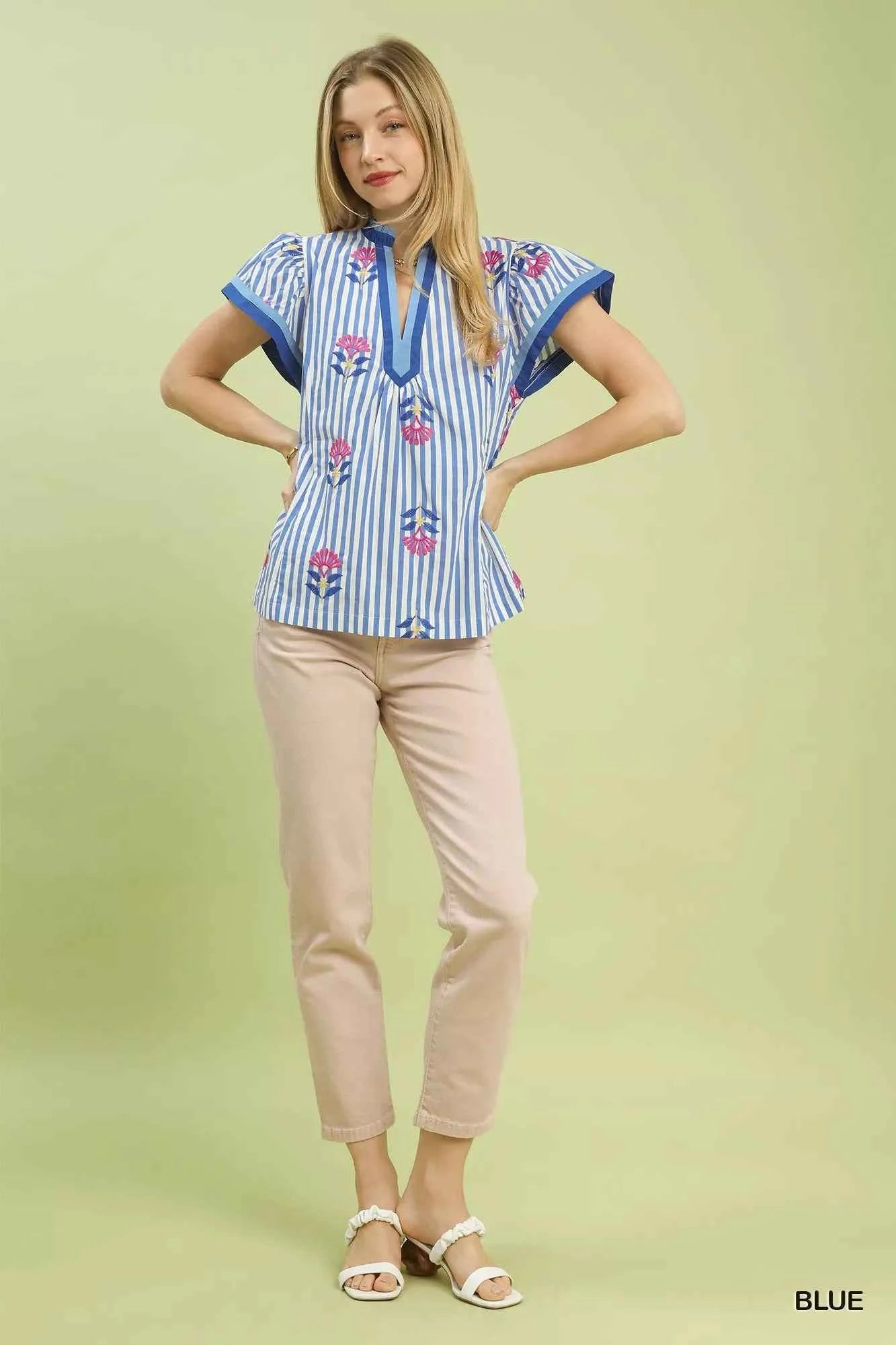 Umgee Embroidered Striped Flutter Sleeve Top fa2c2463-7f2e-4f30-bdb4-968c08c1cd2b-Max-Origin