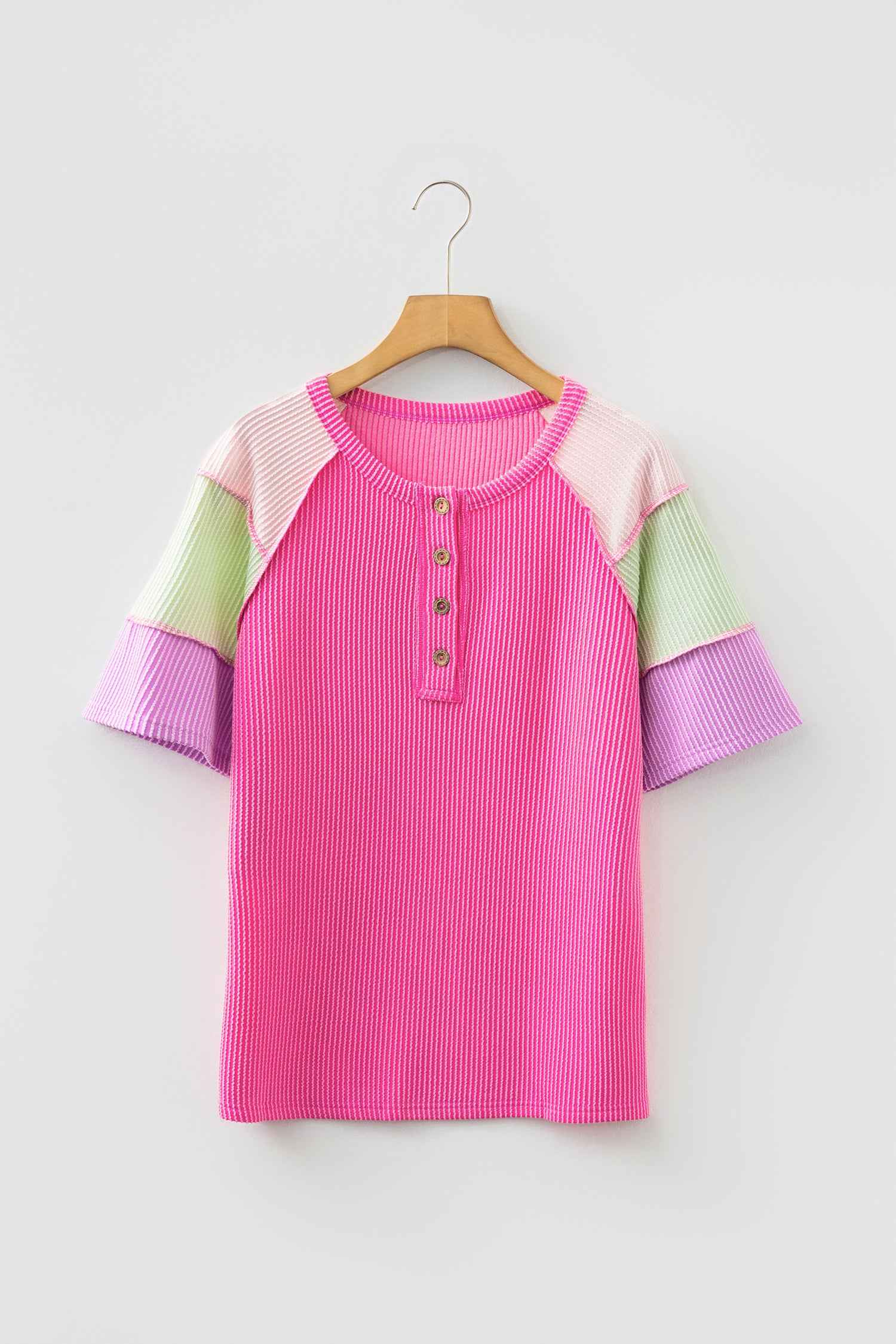 Bright Pink Twisted Ribbed Color Block Patchwork Henley Short Sleeve T Shirt fa2c8d0570d794de