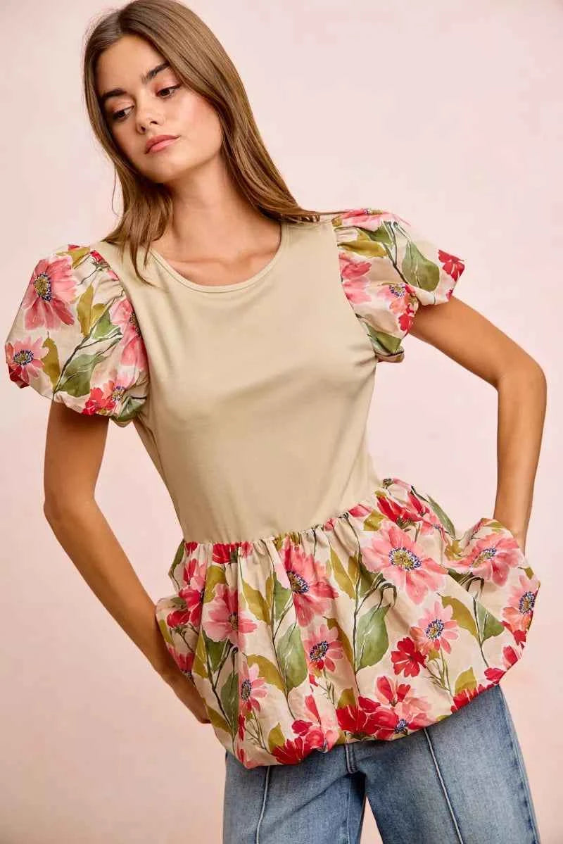 BiBi Floral Printed Bubble Sleeves and Hem Peplum Top fa2d322702994493a907983622039588-Max-Origin