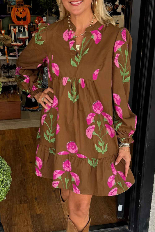 Brown Contrast Floral Print Babydoll Tunic Ruffled Hem Puff Sleeve Dress fa313d6d7473a1cf