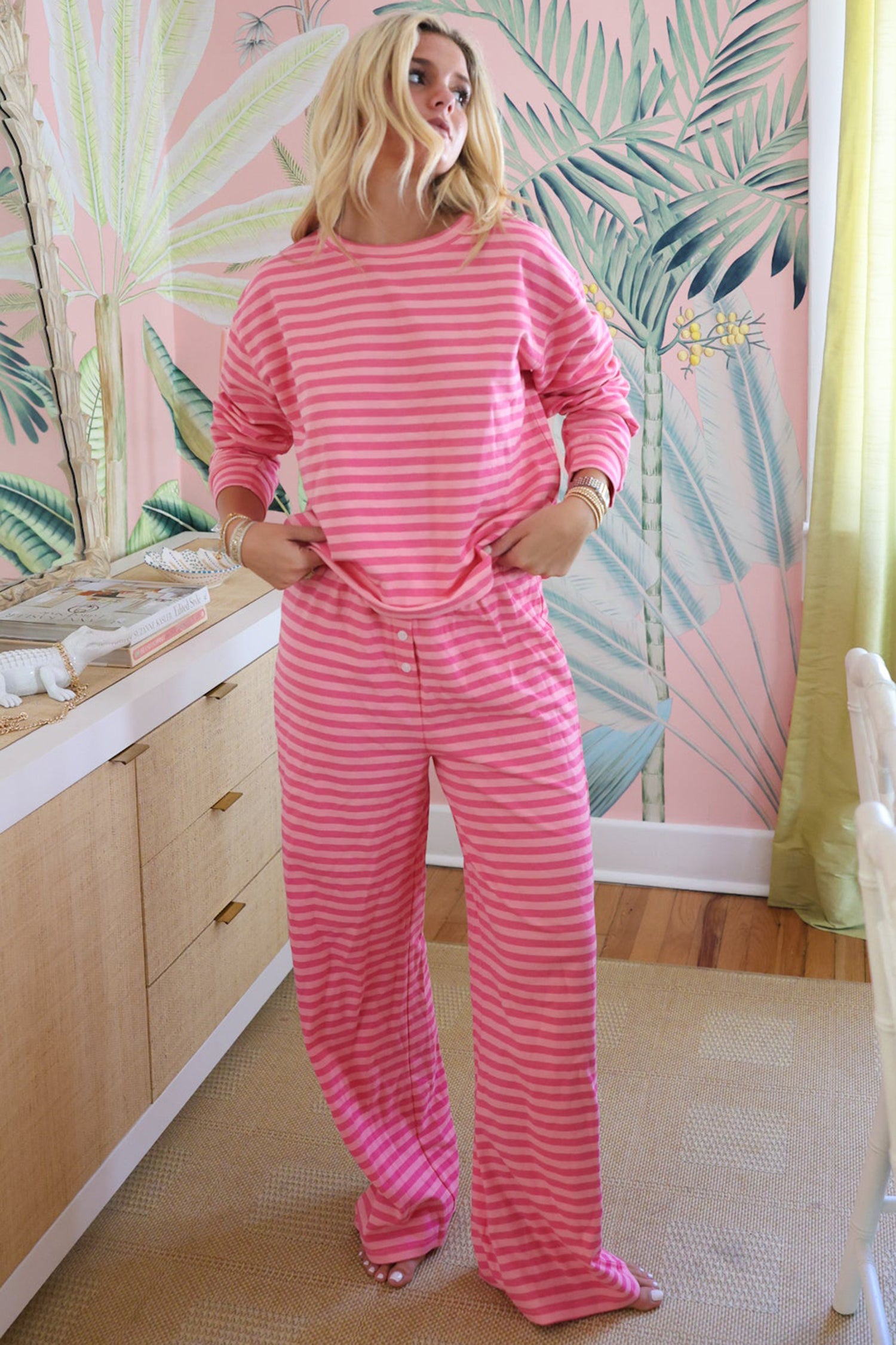 Rose Stripe Drop Shoulder Round Neck Top and Buttoned Straight Pants Two Piece Set fa3faa3d8da05fd1