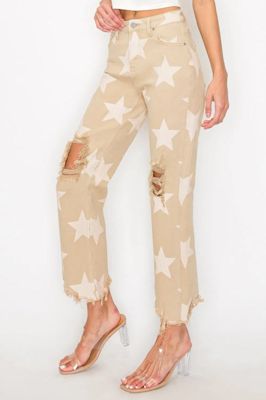 Full Size High Rise Star Printed Frayed Hem Jeans fa412fe9-d181-4415-9190-7816f991d022-Max