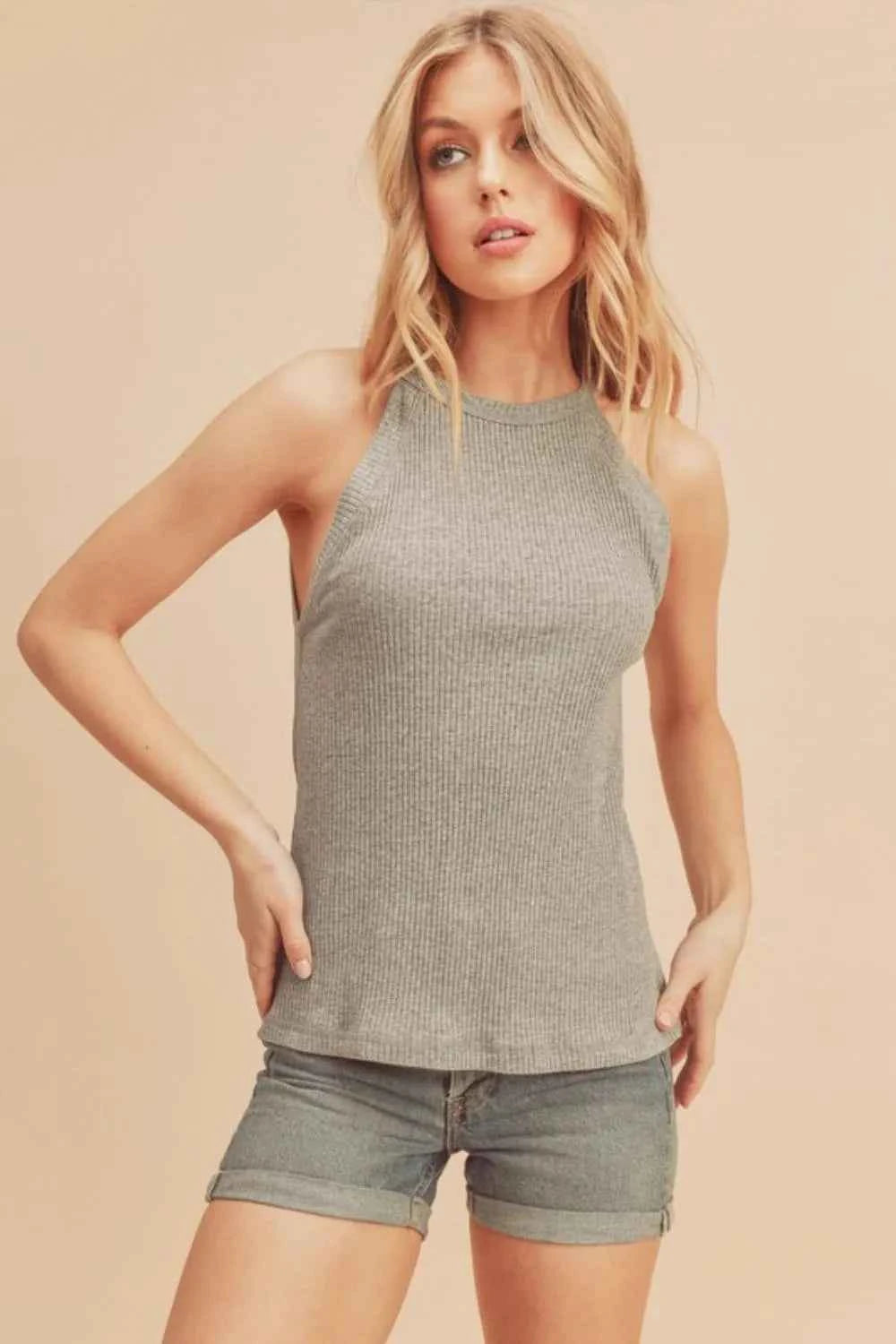 Aemi + Co Ribbed Round Neck Tank Gray fa41d28a-fc04-4ecd-9473-69a233391110-Max