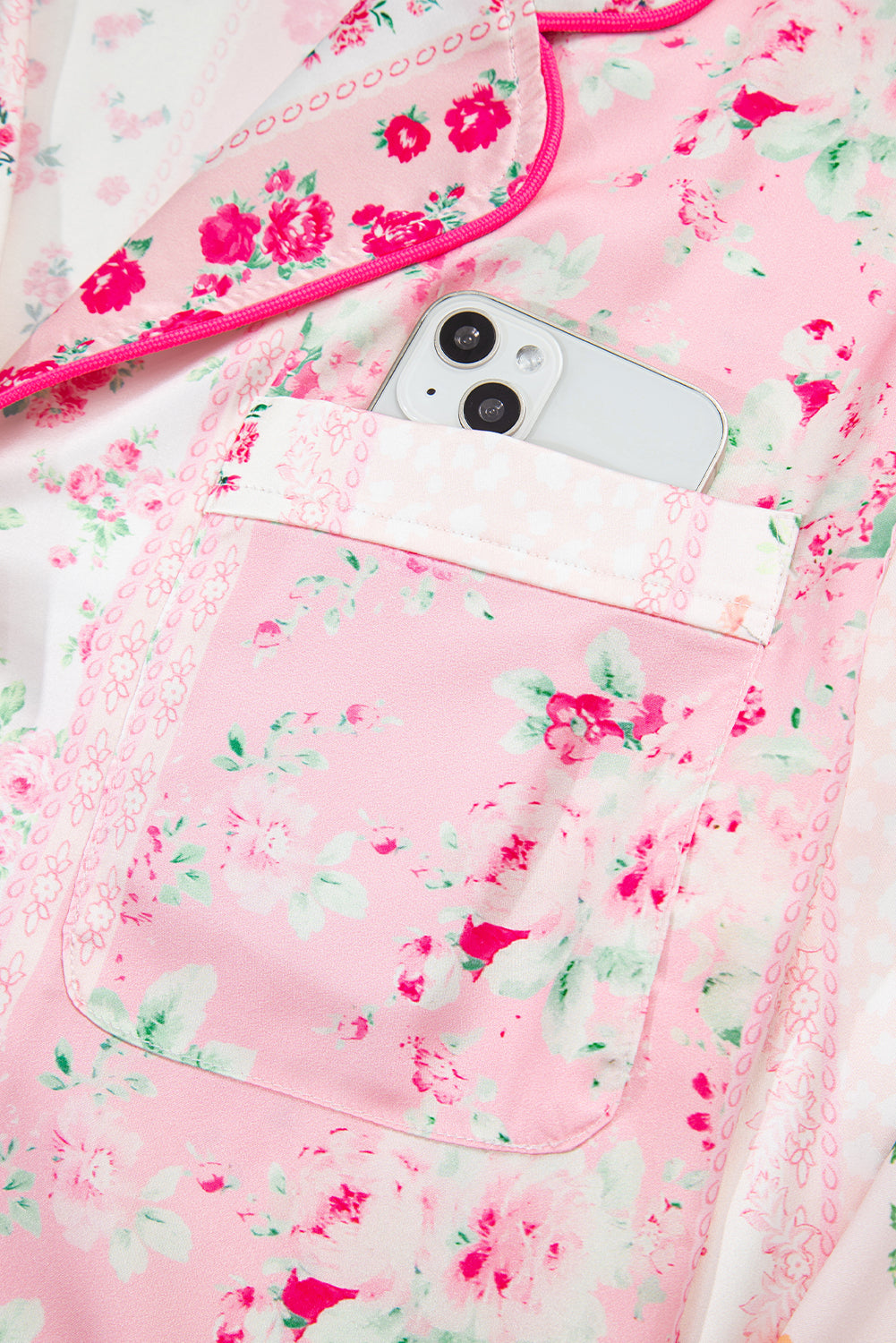 Pink Mixed Floral Print Contrast Piping Trim Satin Tie Pajama Set fa42adef12b780d2