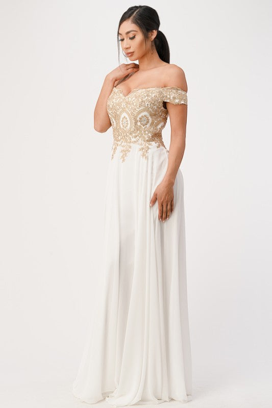 Off Shoulder Evening Gown – Gold Lace Appliqué Chiffon Dress for Women fa42beb9-b47e-49b0-aa5c-4c81768a5b45