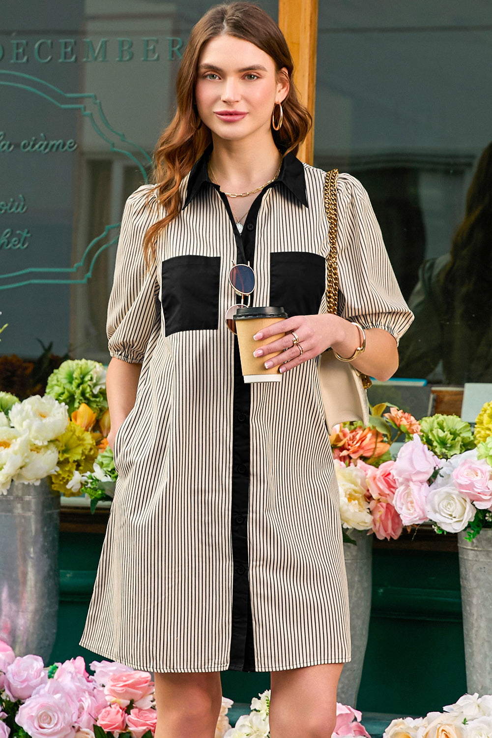 Green Stripe Color Block Patchwork Shirt Collar Button Down Puff Sleeve Mini Dress fa441a0d643ef9cb