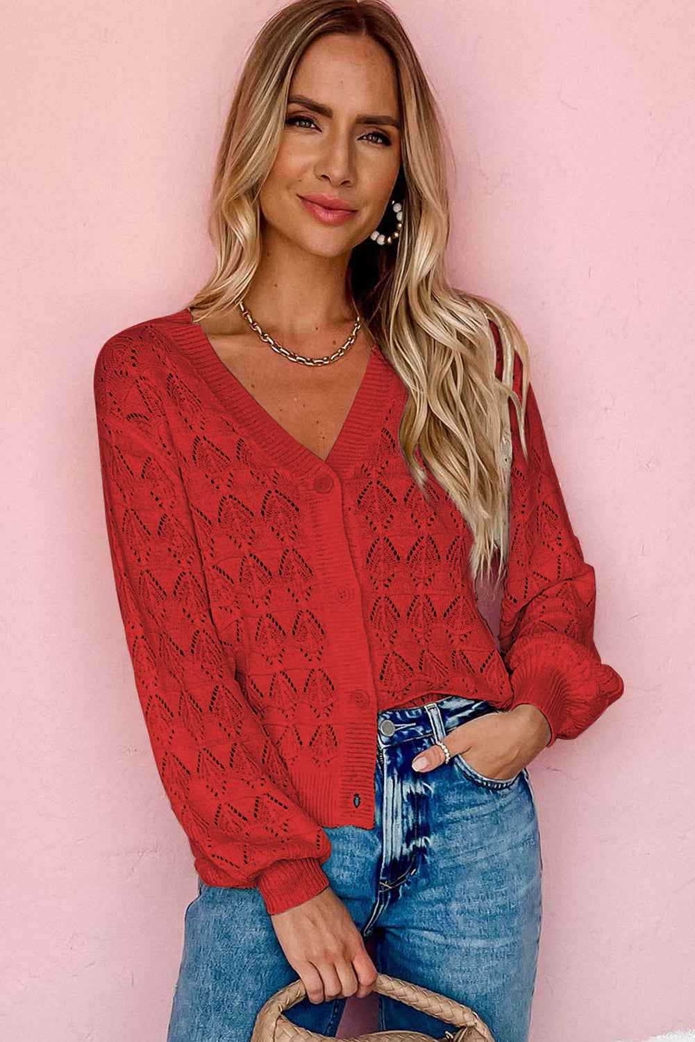 Fiery Red Lightweight Buttoned Front Crochet Cardigan fa44e29eabc6f659