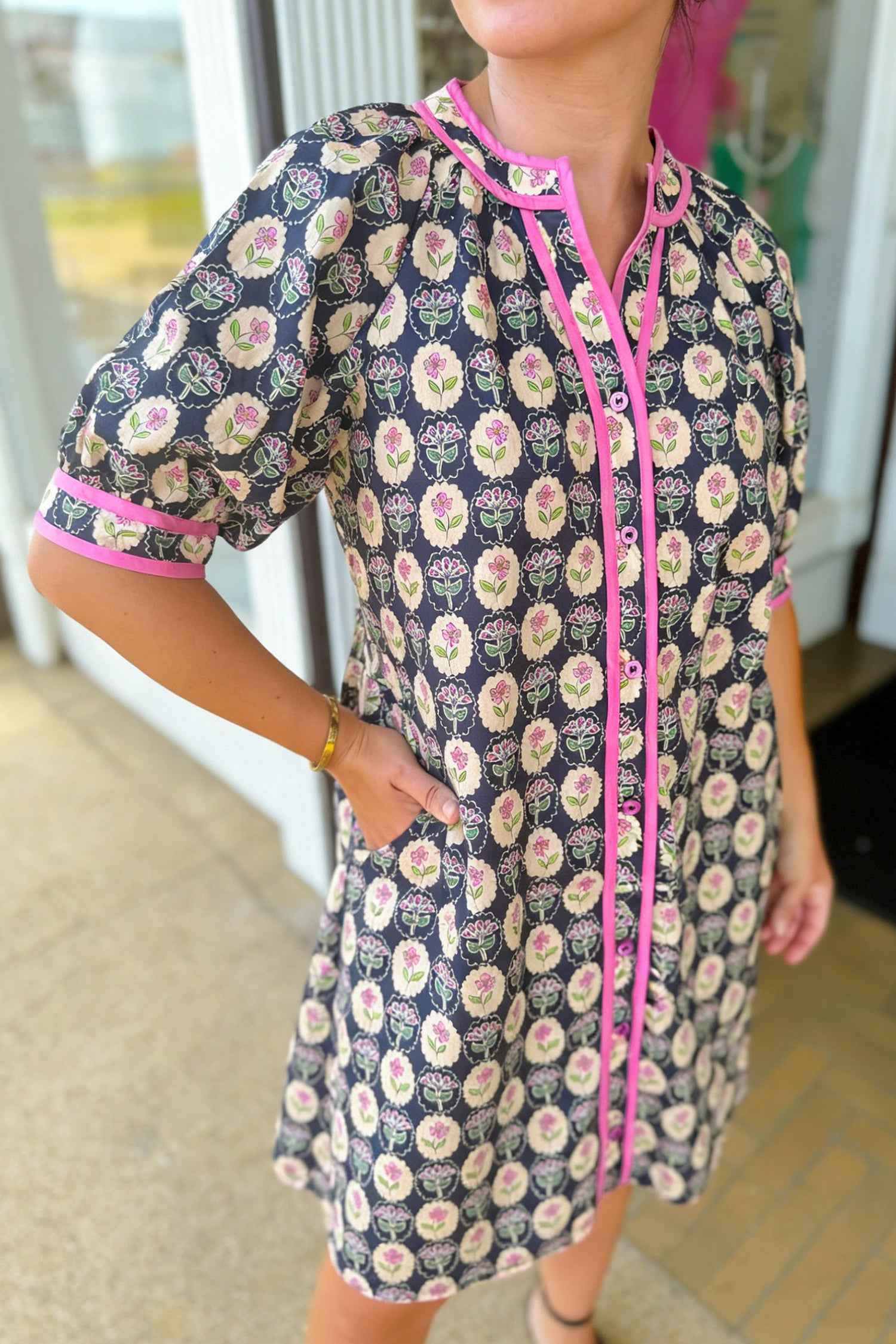 Blue Striped Trim Short Sleeve Vintage Floral Shift Dress Blue 55%Cotton+45%Viscose fa46b139b5e82280