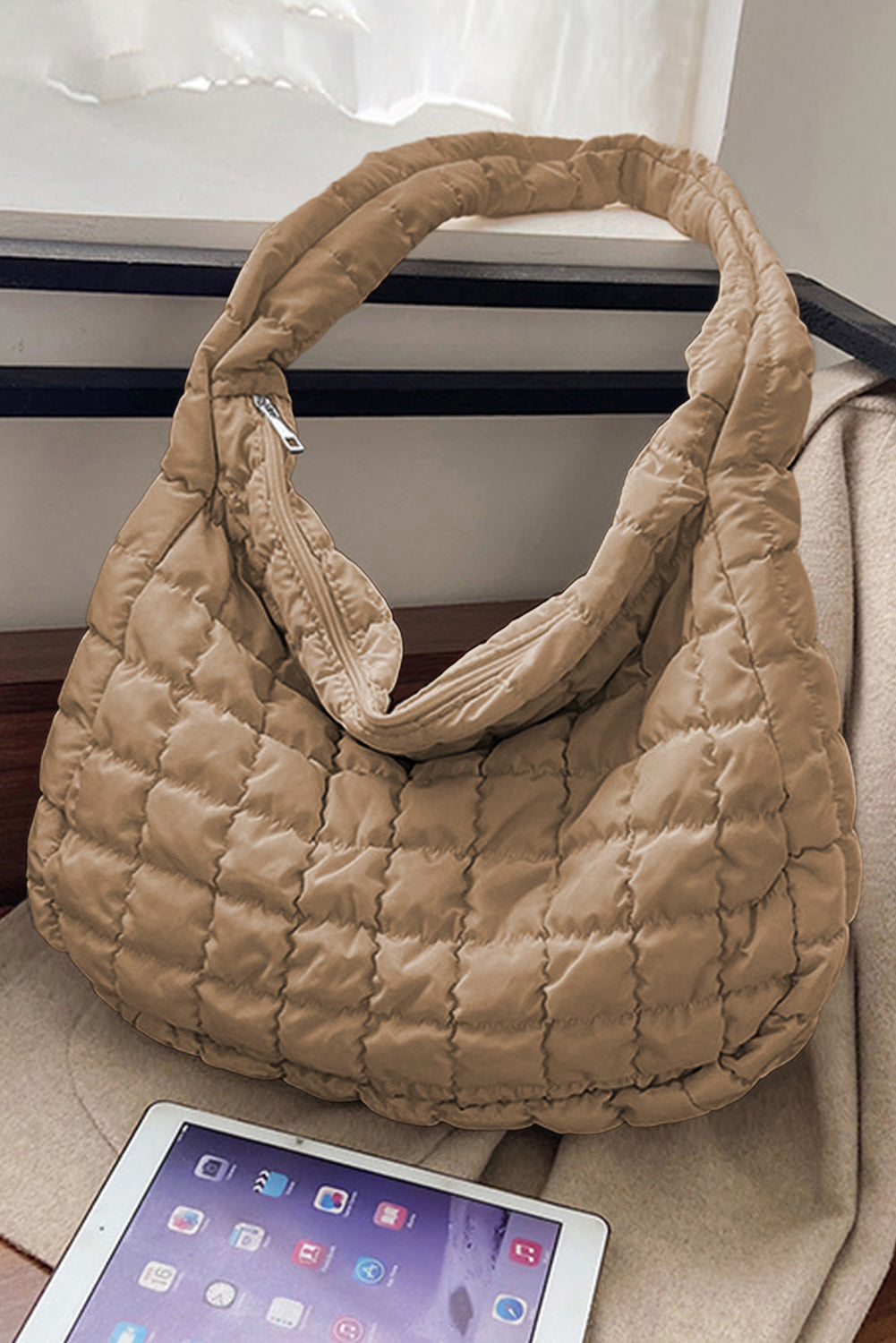Light French Beige Quilted Zipper Large Shoulder Bag fa4796c3909865f3