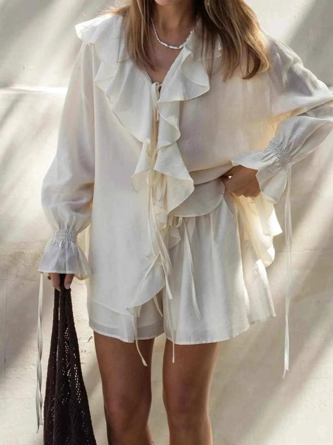 Ruffled Long Sleeve Shirt and Shorts Set fa544836738649879aba616f9877d648-Max-Origin