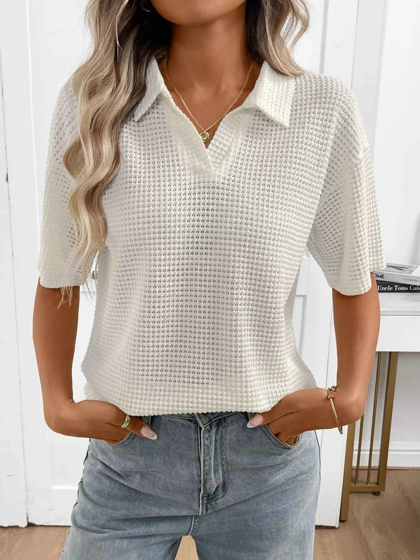 Striped Knit Short Sleeve Top Beige fa5c658a0b844916b47127a4a23e10db-Max-Origin