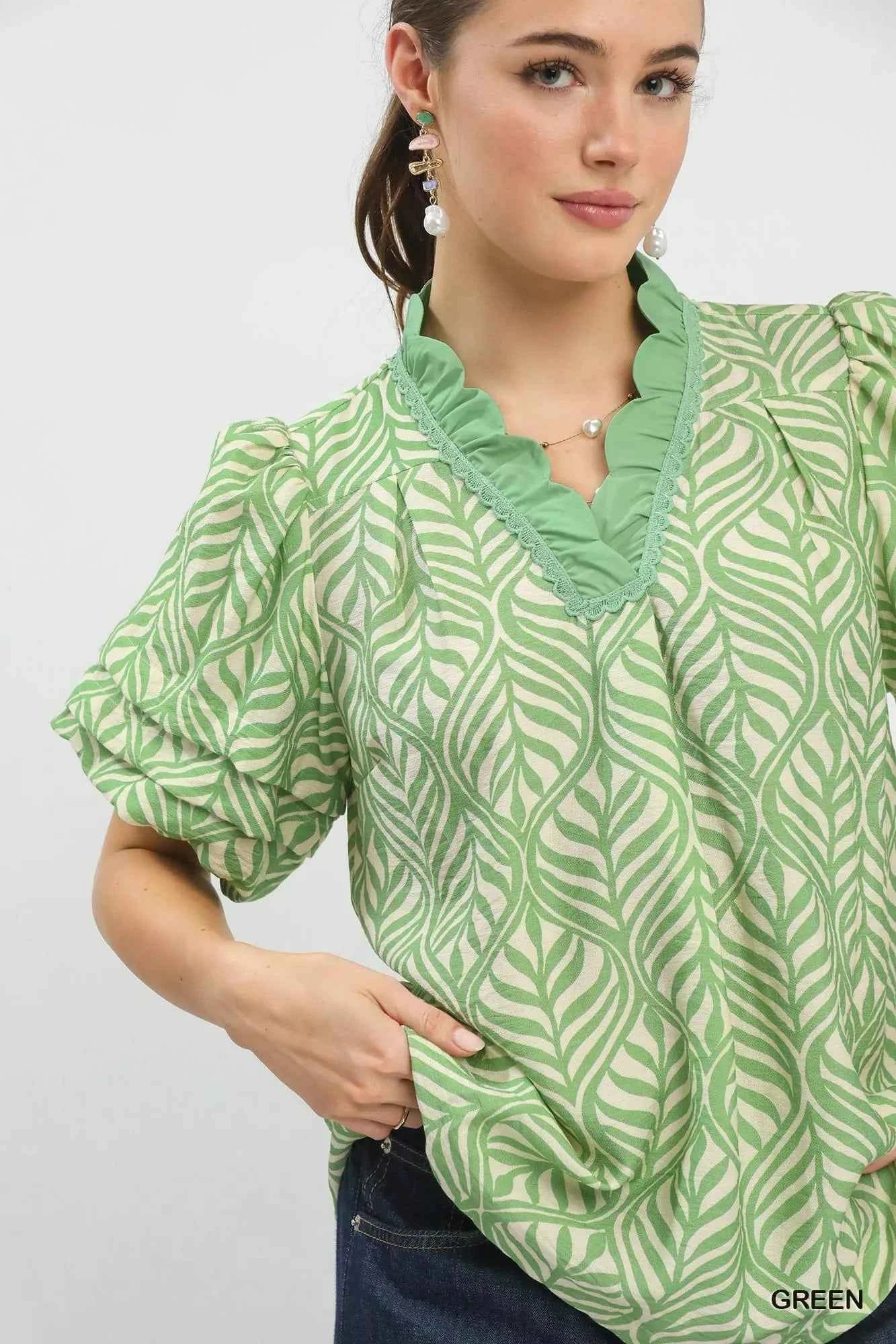 Umgee Printed Puff Sleeve Ruffle Neck Top fa625398-31fd-46f8-86b2-4914e5c76605-Max-Origin