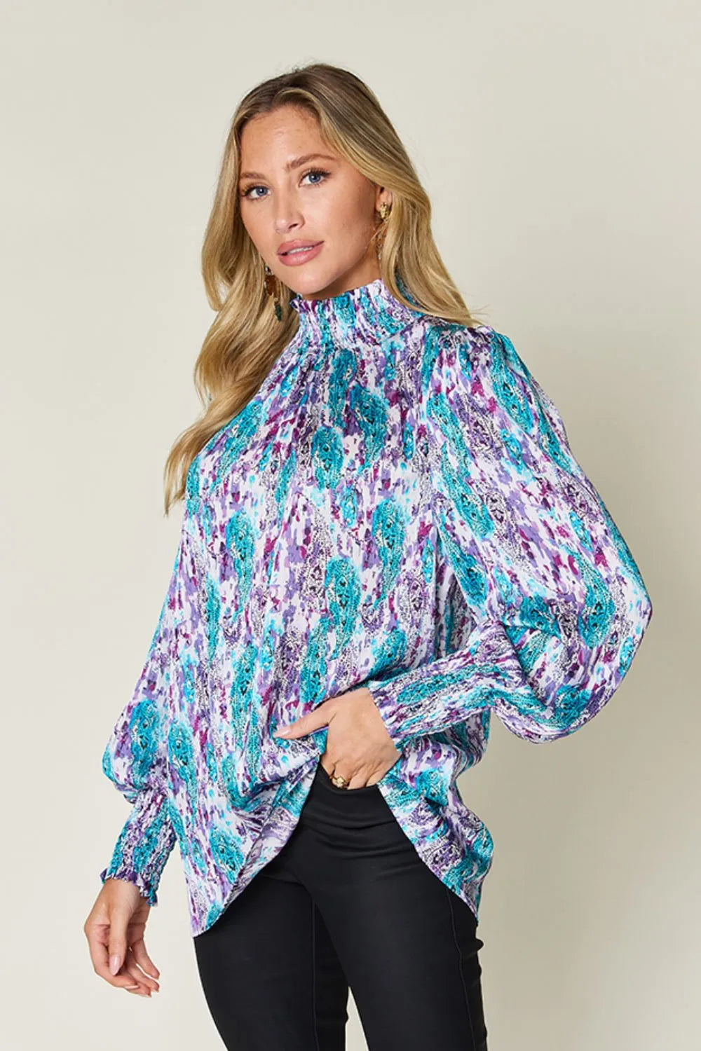 Double Take Full Size Printed Smocked Long Sleeve Blouse fa653d49-2299-4a77-9838-f37a632997d1-Max