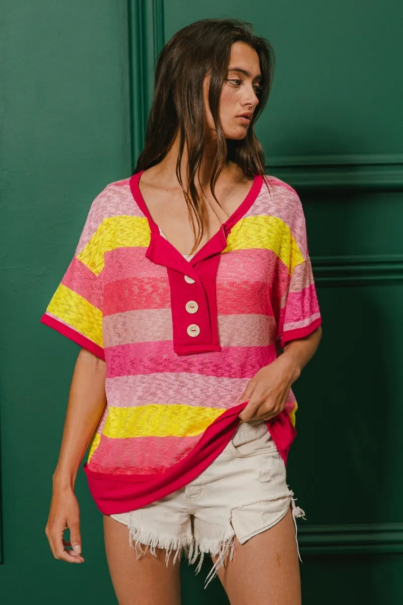 BiBi Multi Color Stripe Hacci Button Detail Ringer Top fa660930638a4ab78049a2bcbc463ea5-Max-Origin