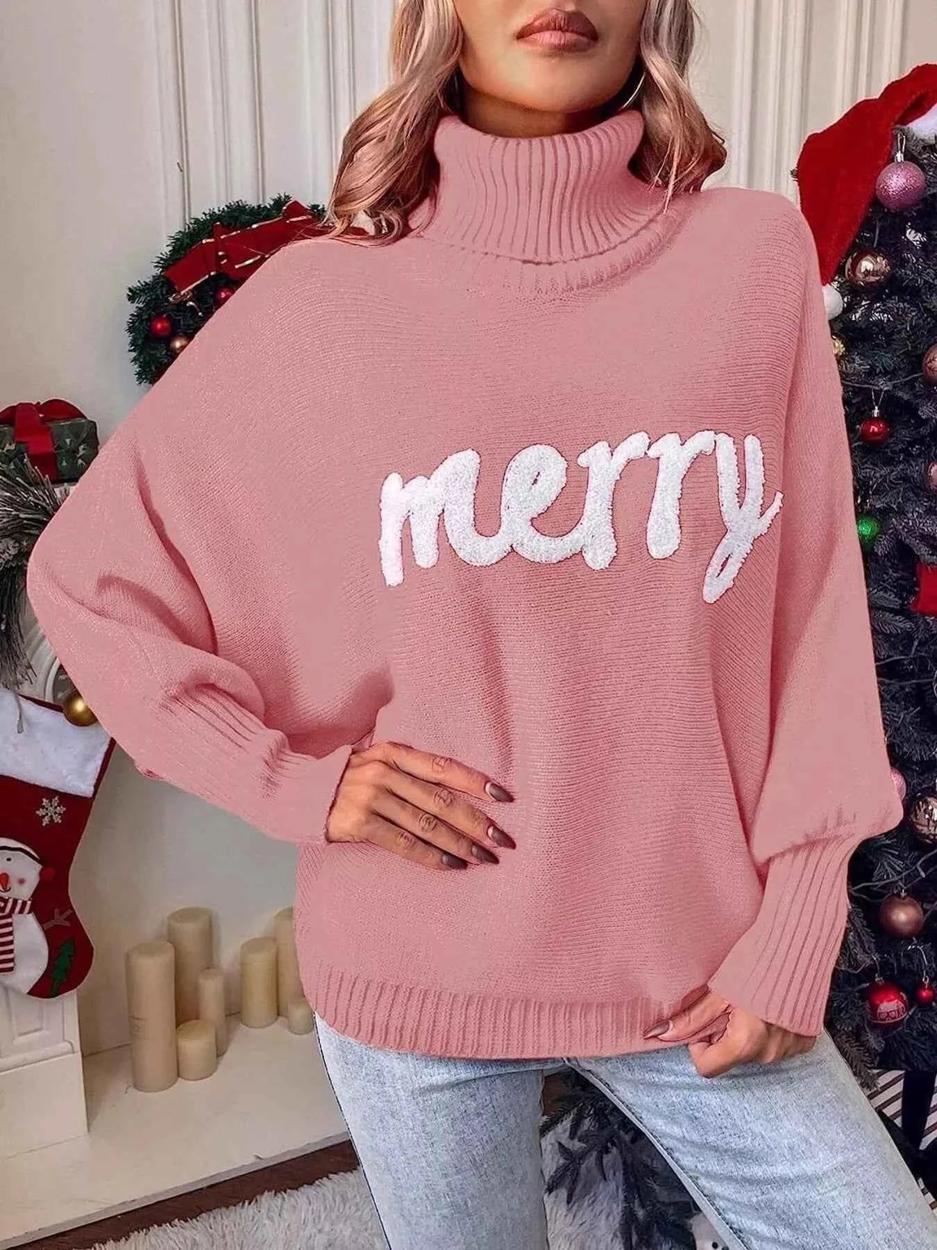 Merry Turtleneck Long Sleeve Christmas Sweater Pink fa66f79f8b34473d896953d5f903cbbb-Max-Origin