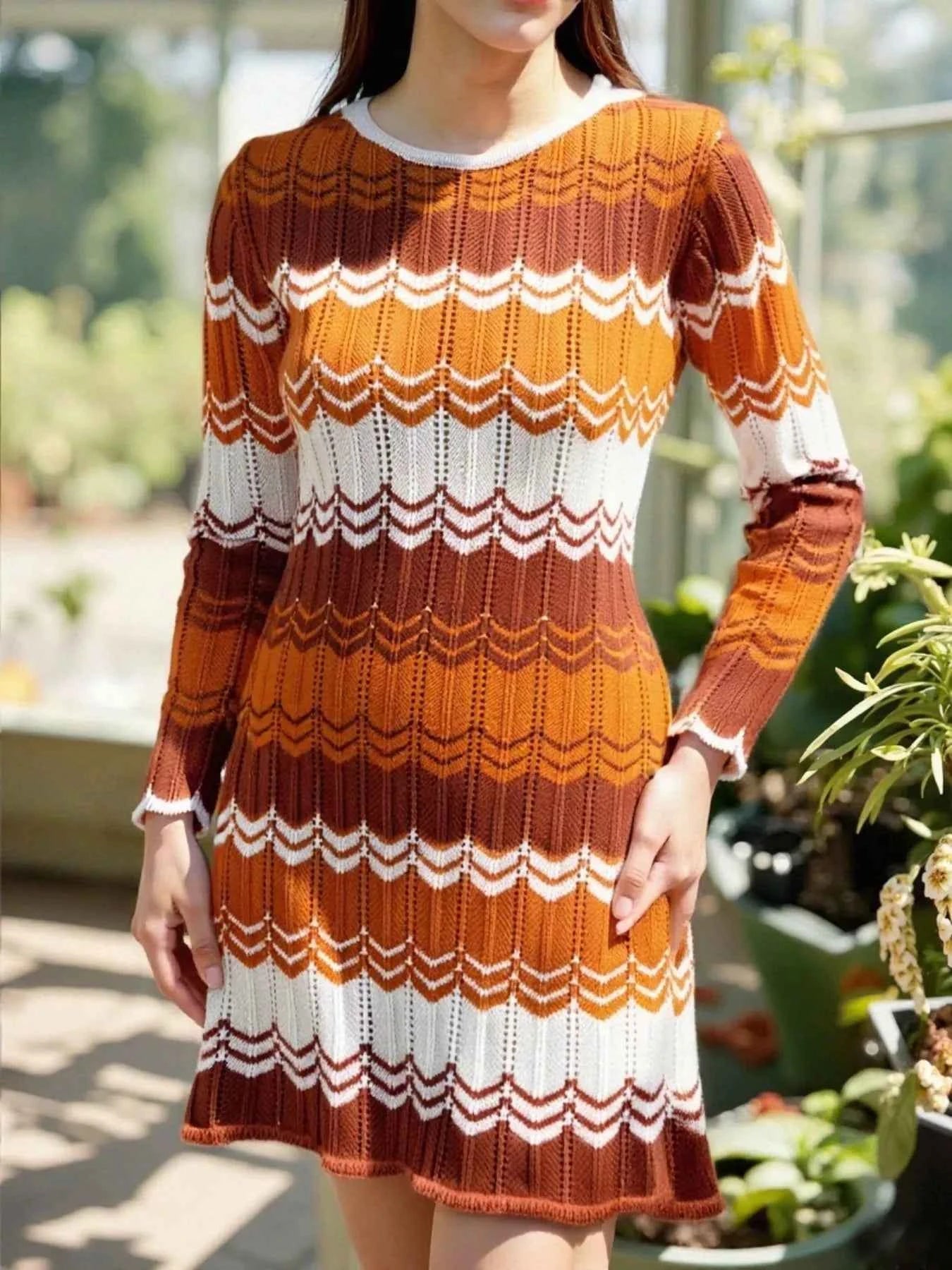 Openwork Wave Pattern Long Sleeve Sweater Dress Orange fa6b94aa-bff4-4542-bc8b-4cf4294ae39a-Max-Origin