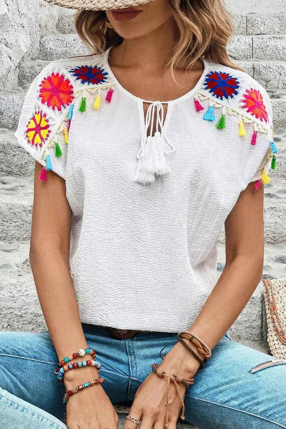 Tassel Tie Neck Short Sleeve Blouse fa70bd31-bc64-4c1b-96f9-6cb24b9a5b6b-Max