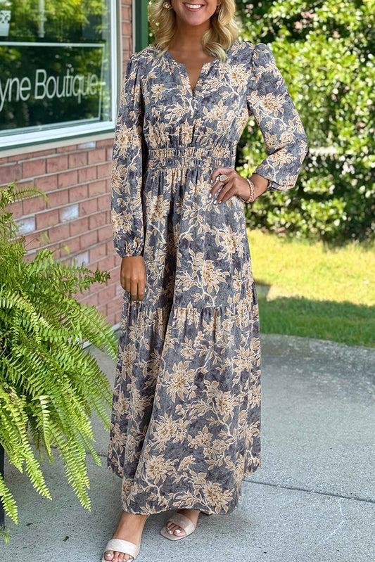 Sky Blue Floral Print Smocked High Waist Long Sleeve Maxi Dress Sky Blue 100%Polyester fa7105b92072fb41