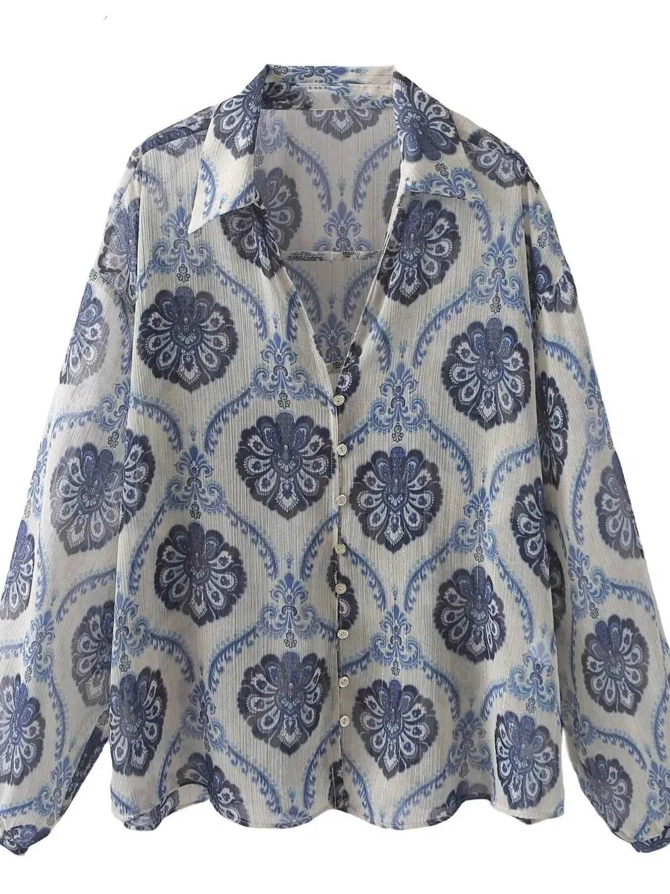 Printed Button Up Long Sleeve Dress