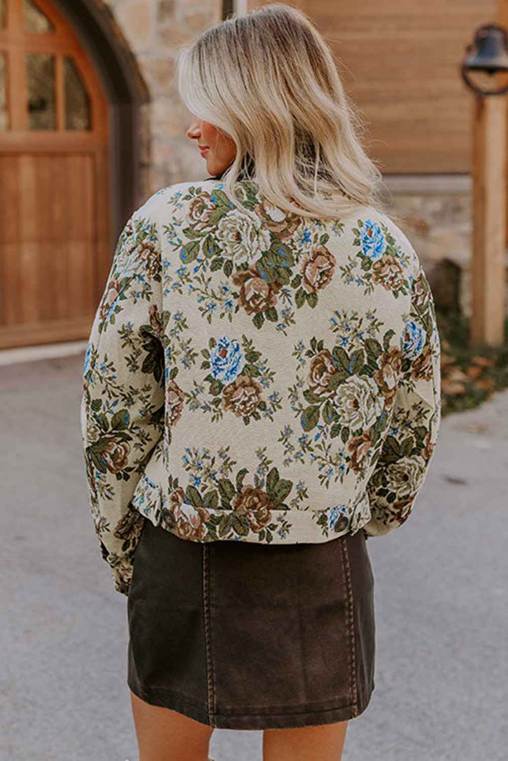 Khaki Floral Print Zip Up Contrast Collared Jacket fa74a4b27a06d779