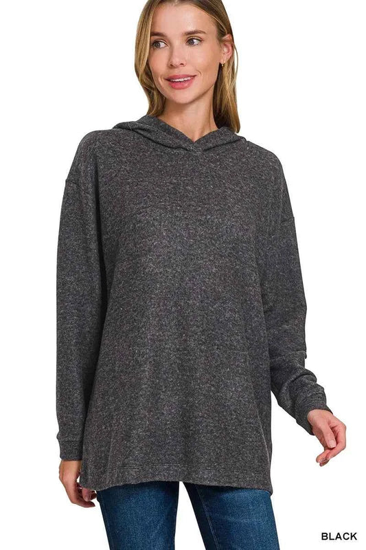 Zenana Hooded Brushed Melange Hacci Sweater BLACK fa7fa0ed8eef4c55b23877b1449cd542-Max-Origin