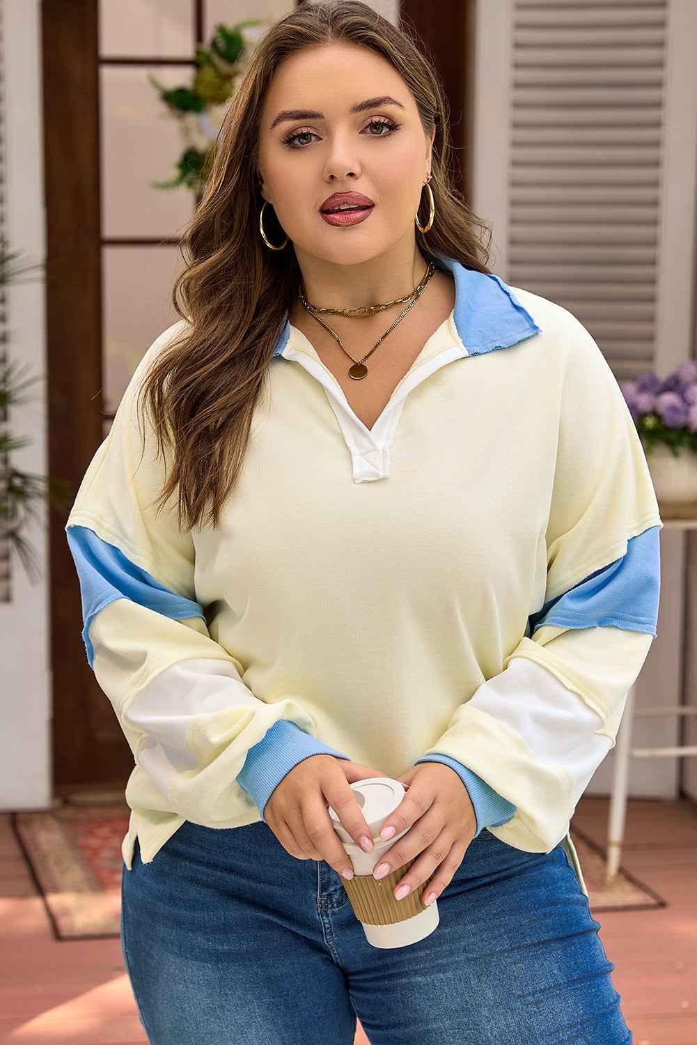 Yellow Cream Raw Seam Color Block Patchwork Plus Size V Neck Pullover fa7fb2dc21e25350