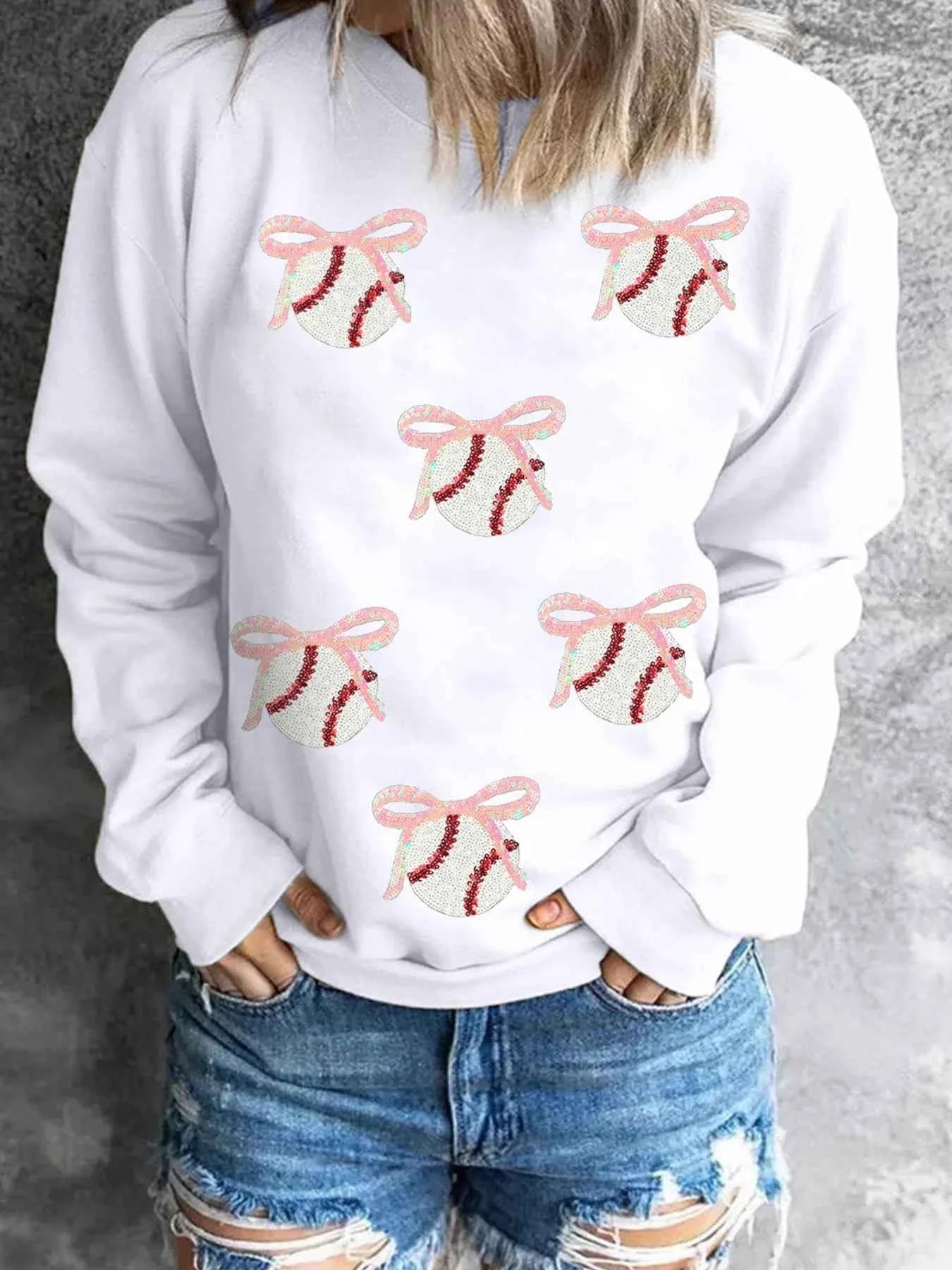 Sequin Bow Baseball Patched Casual Sweatshirt fa807819024f448392be072d340265da-Max-Origin