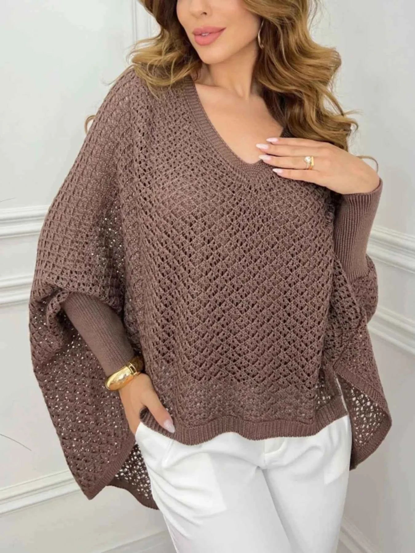 Crochet V-Neck Batwing Sleeves Oversized Sweater Coffee Brown fa824045-1b14-4dea-9376-e008e4ad257a-Max-Origin