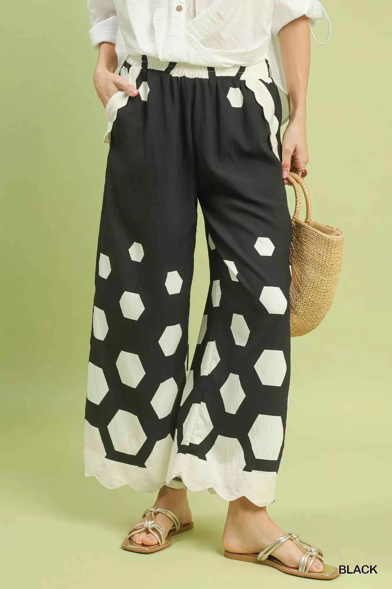 Umgee Hexagon Print Wide Leg Pants with Scalloped Hem Black fa8283b8-ca06-4016-825a-3269ff3da0b6-Max-Origin