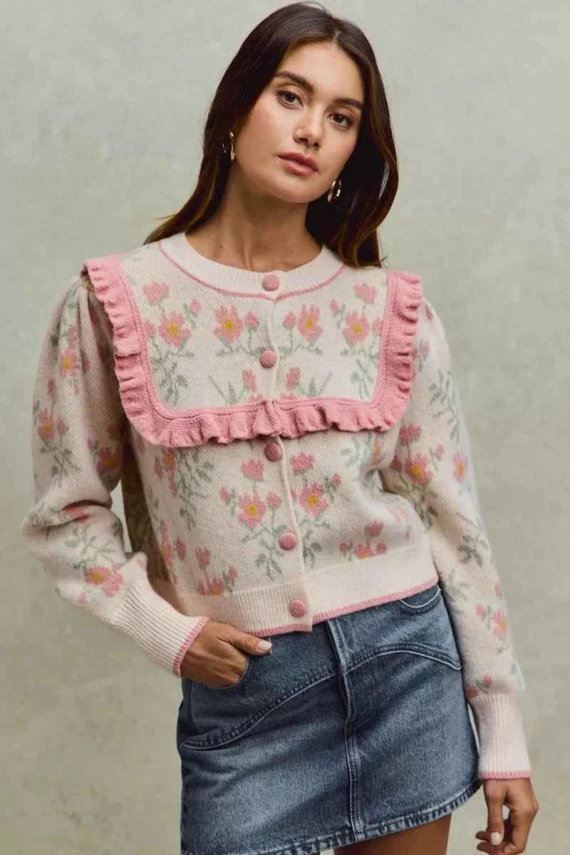 SO ME Flower With Ruffle Detailing Sweater Cardigan fa834ef35ebd4eef82c4a35c6c232238-Max-Origin