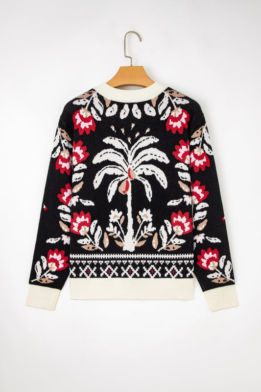 Black Floral Print Buttoned Front V Neck Knit Cardigan fa83b097b884de3f