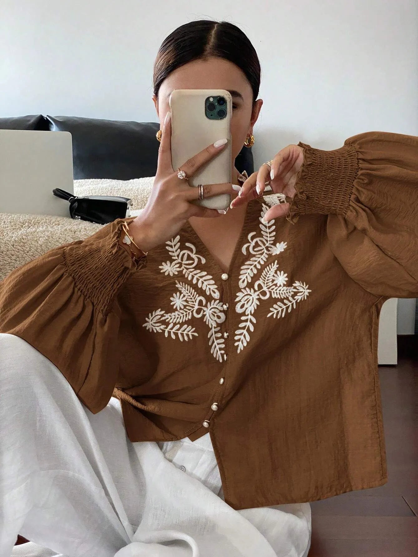 Embroidered Lantern Sleeve Blouse fa83dff2-8ab9-4f1d-9d8e-0b973bdc7027-Max-Origin