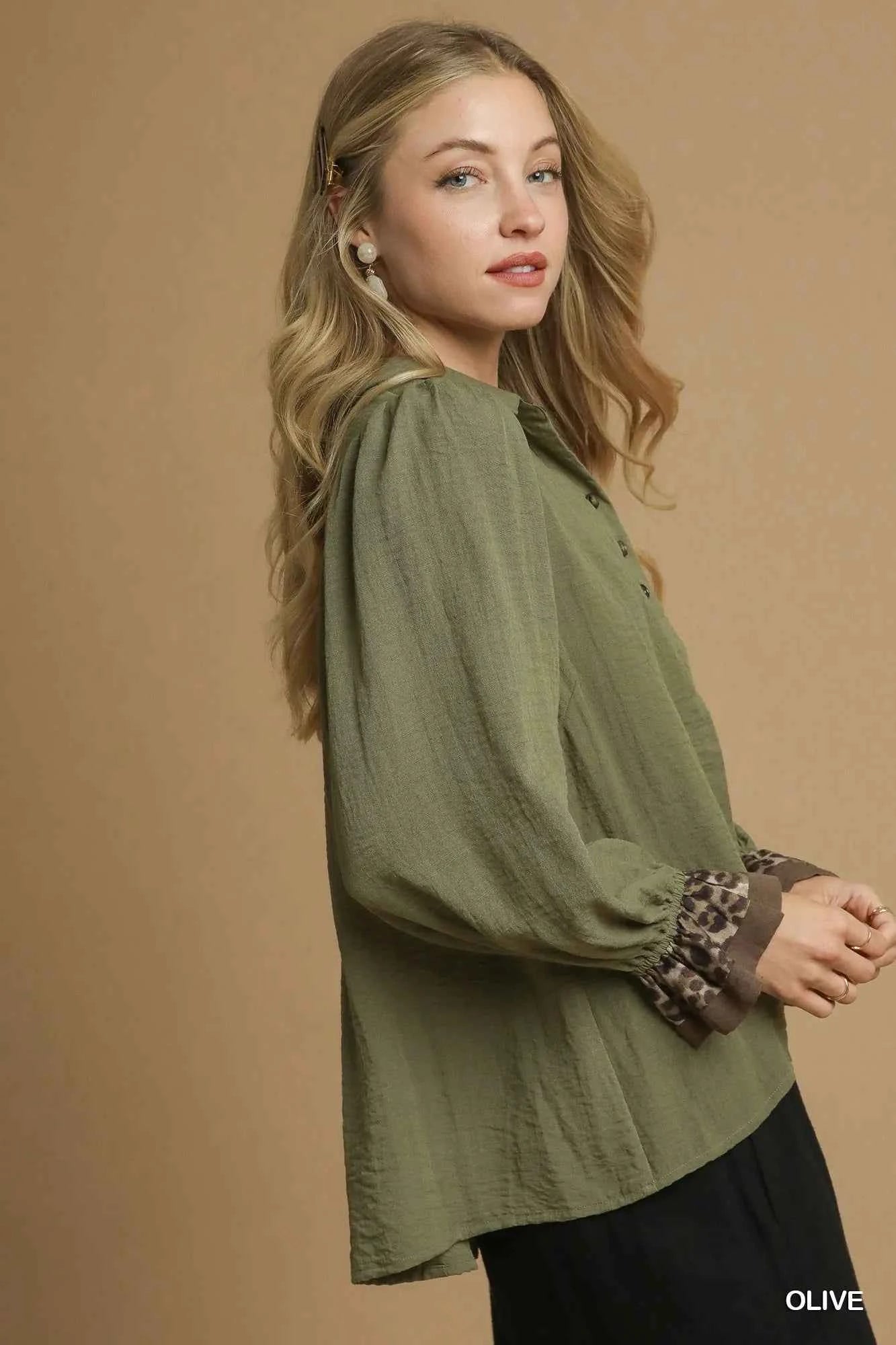 Umgee Half Button Blouse with Leopard Print Trim fa86140b-e028-4041-be28-db610b6eccee-Max-Origin