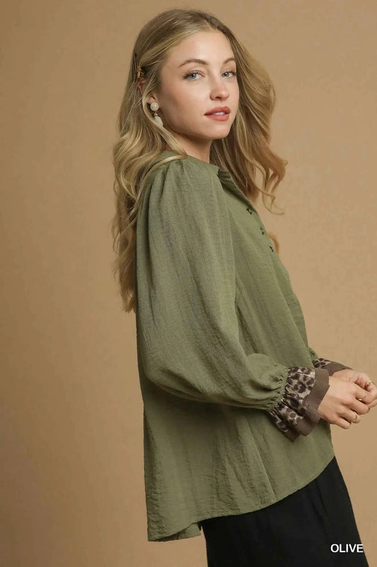Umgee Half Button Blouse with Leopard Print Trim fa86140b-e028-4041-be28-db610b6eccee-Max-Origin