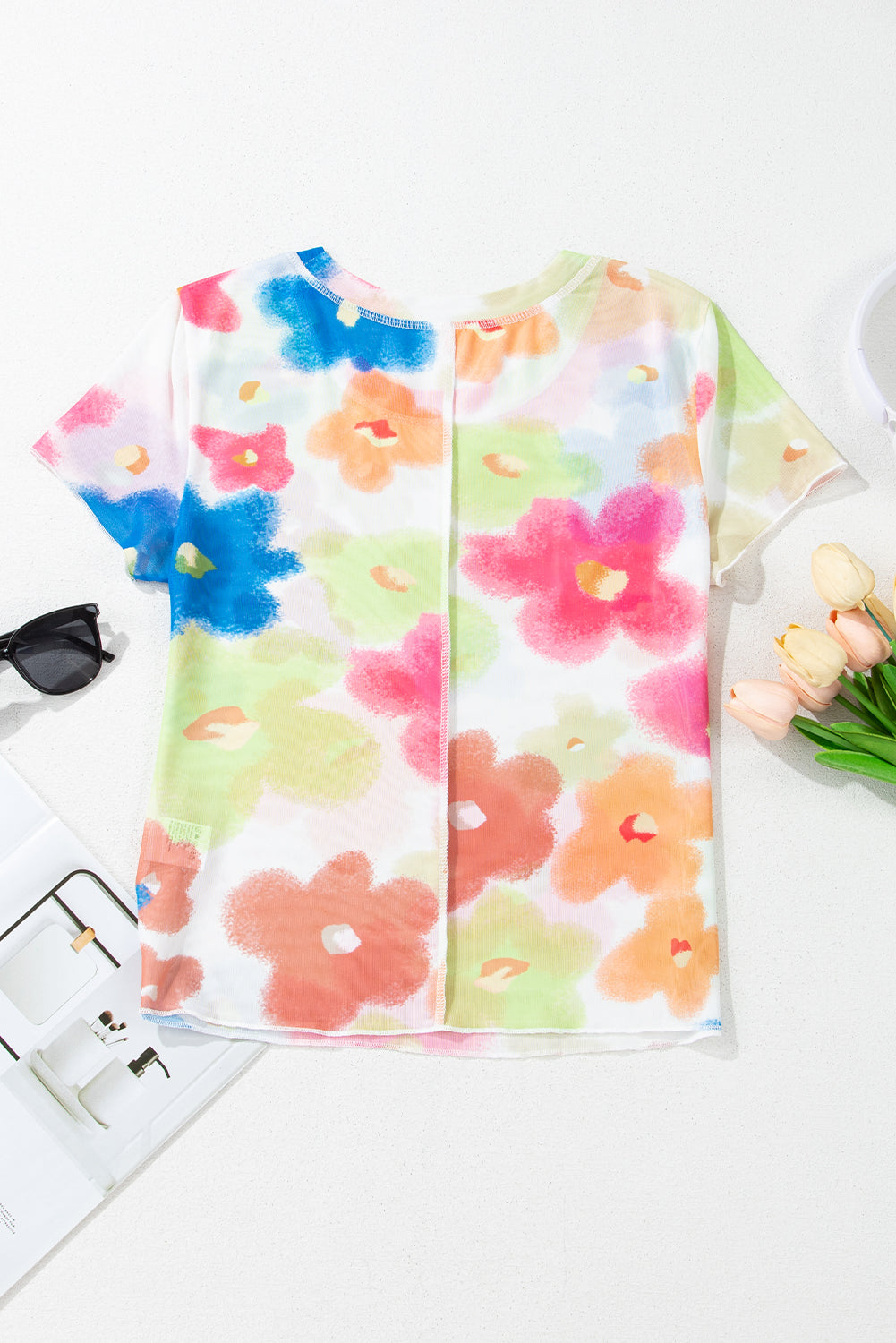 Multicolour Floral Lettuce Trim Cropped Mesh Top fa87b82133d68fbd