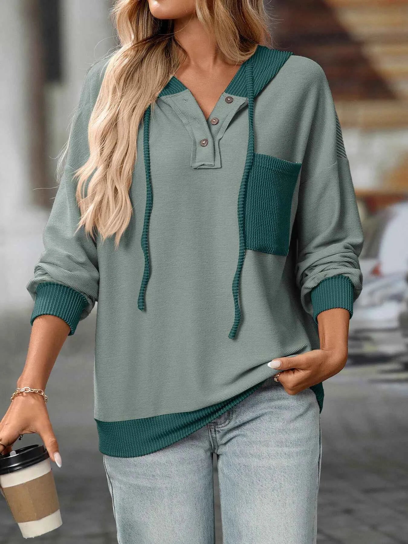 Drawstring Button Detail Long Sleeve Hoodie fa8958568a924b80affa4556d619daec-Max-Origin