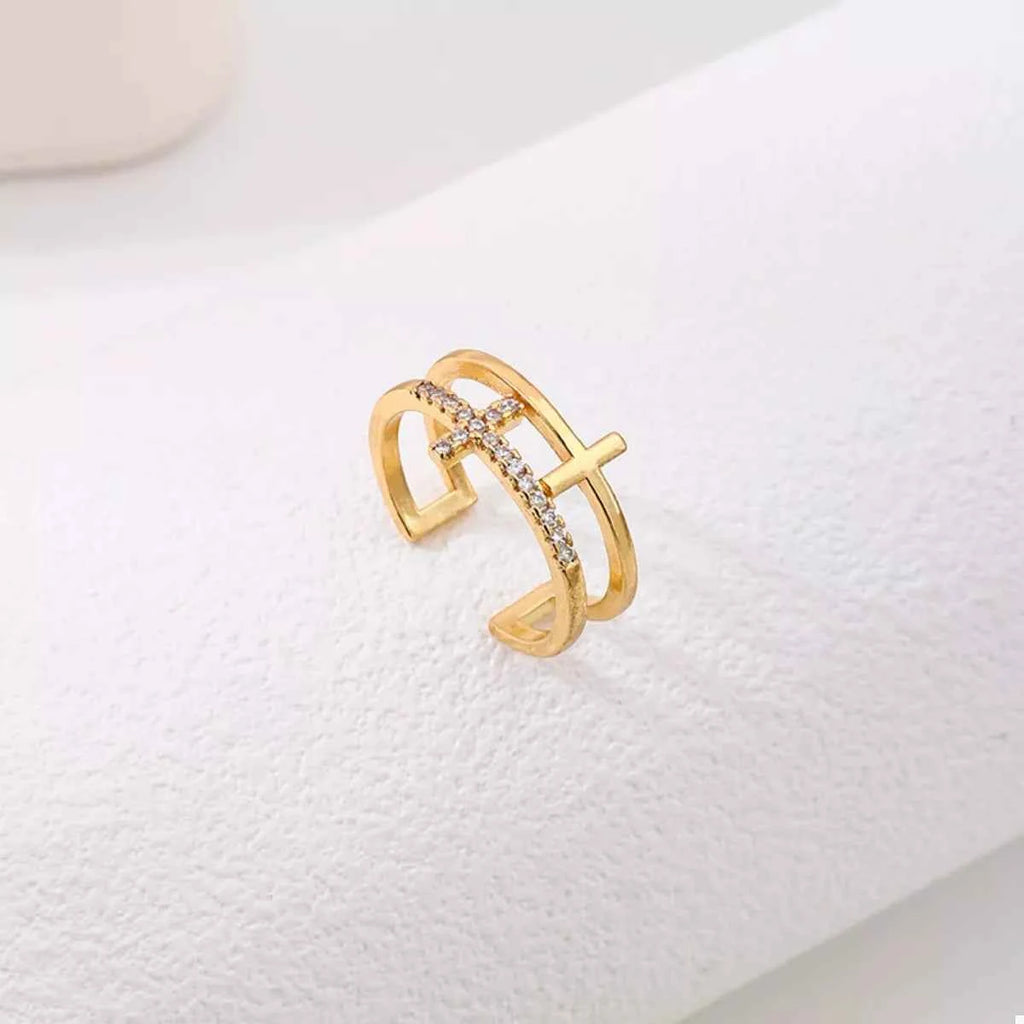 18K Gold-Plated Rhinestone Cross Open Ring fa9023c3-46d3-4824-b01f-fa6cb489e9a8-Max-Origin