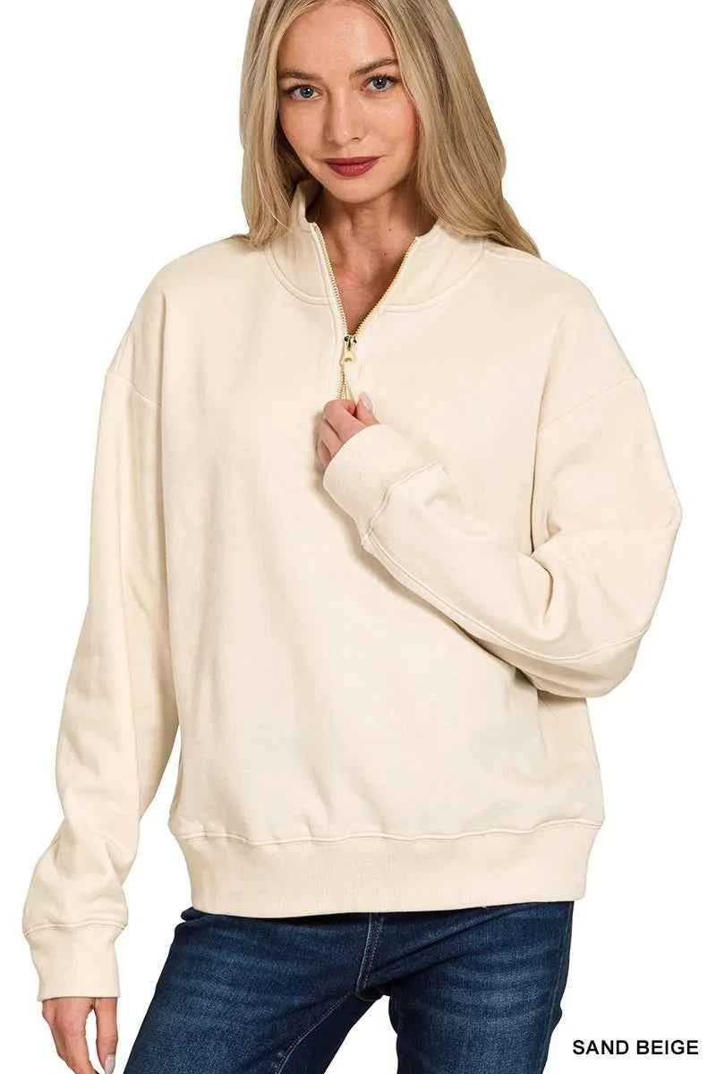 Zenana Fleece Half Zip Sweatshirt SAND BEIGE fa947018ee46452fb33a310dc04e611e-Max-Origin