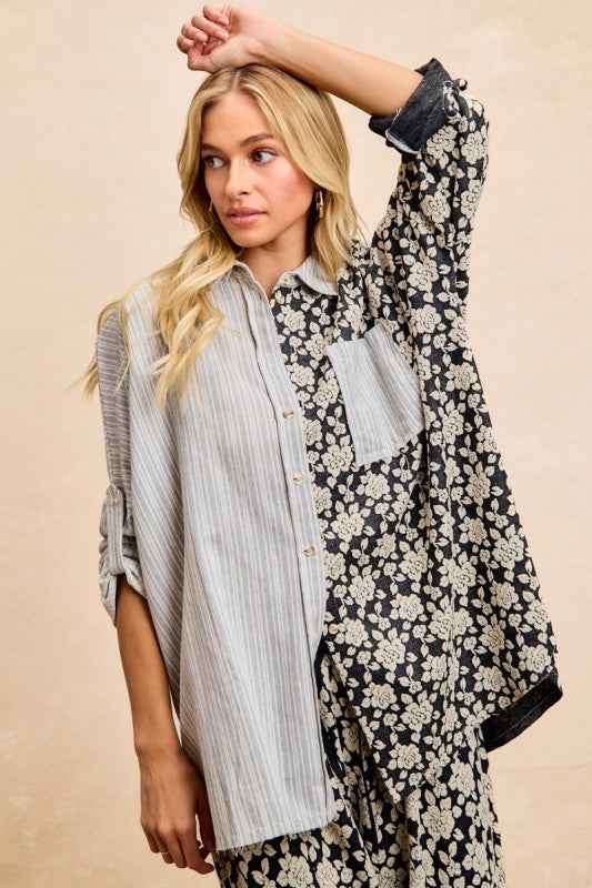 Stripes Jacquard Floral Mix And Match Shirt Top fa96c5eaba3545d9ab0baf1218dbc517-Max