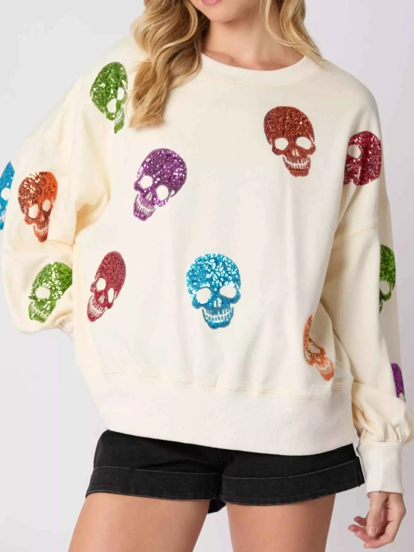 Halloween Colorful Skull Sequin Oversized Sweatshirt fa9c8ac9-7aef-480e-8982-f4ffa239a2dd-Max-Origin