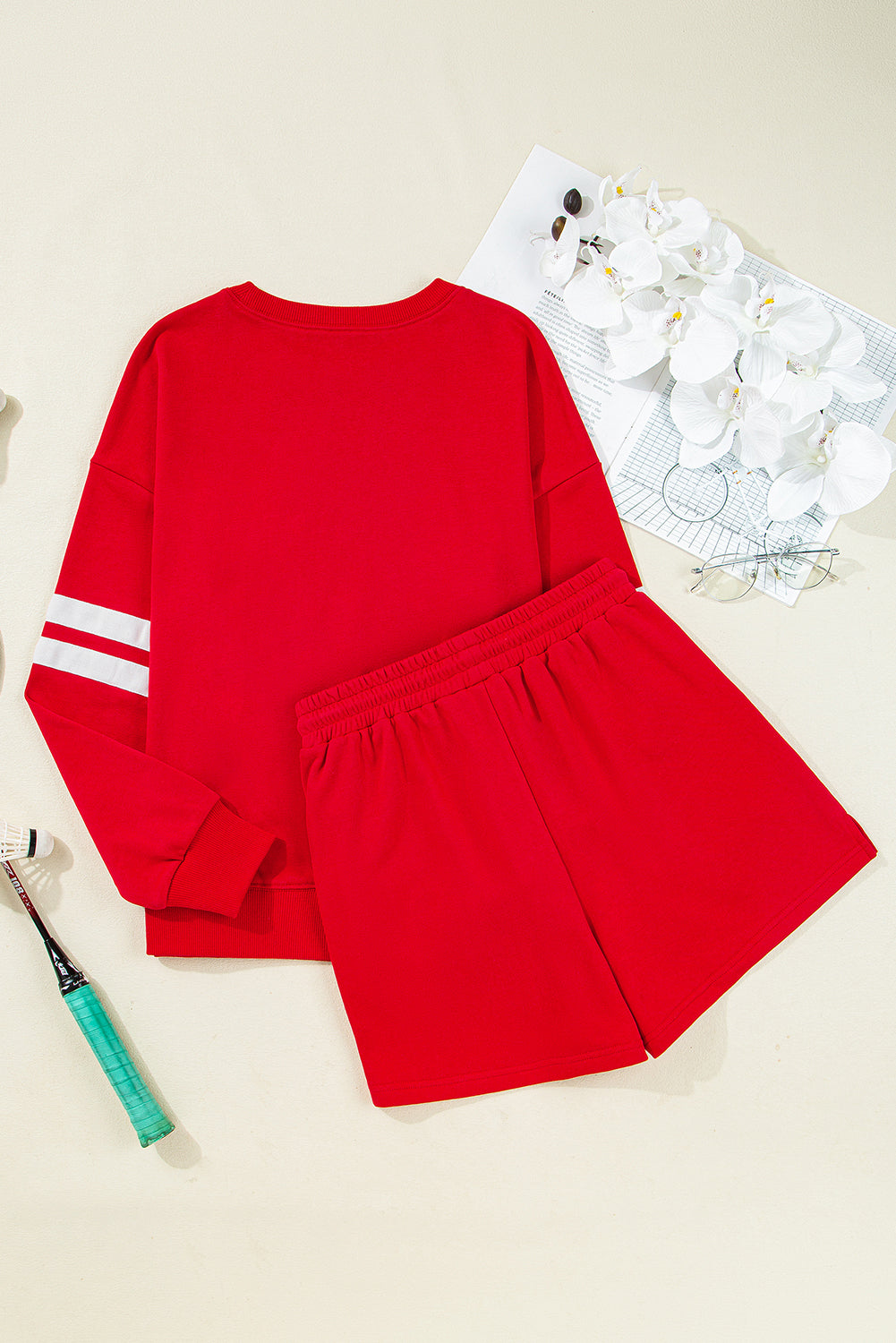 Orange Varsity Striped Sleeve Drop Shoulder Sweatshirt and Shorts Set fa9cc92a9b79f715