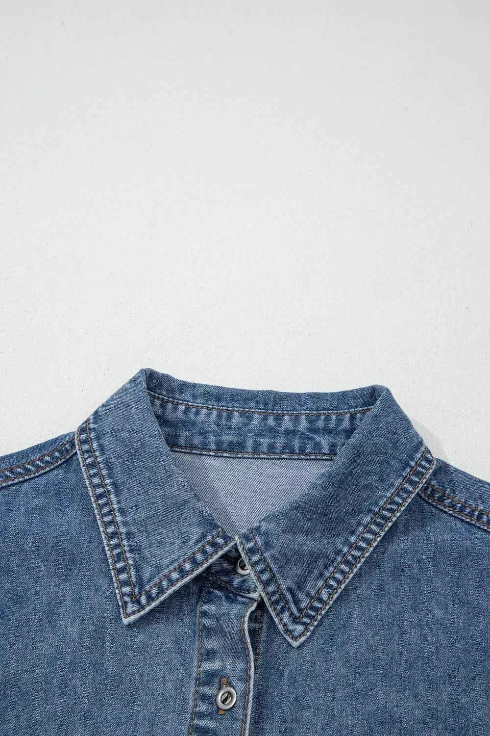 Button Flap Pocket Cuffed Short Sleeve Denim Shacket