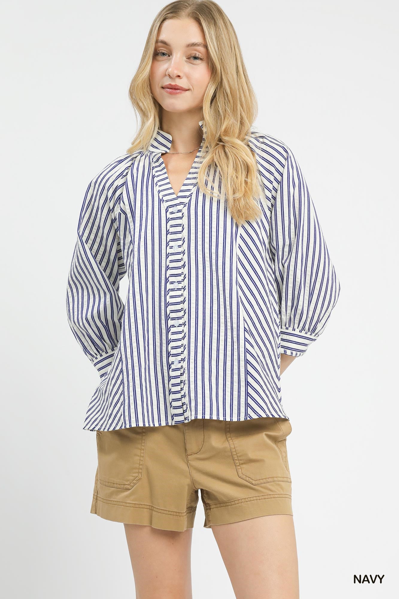 Umgee Striped V-Neck Button Down Top NAVY fa9d5e93-1a49-4deb-9d11-5118c2b5ba4b-Max