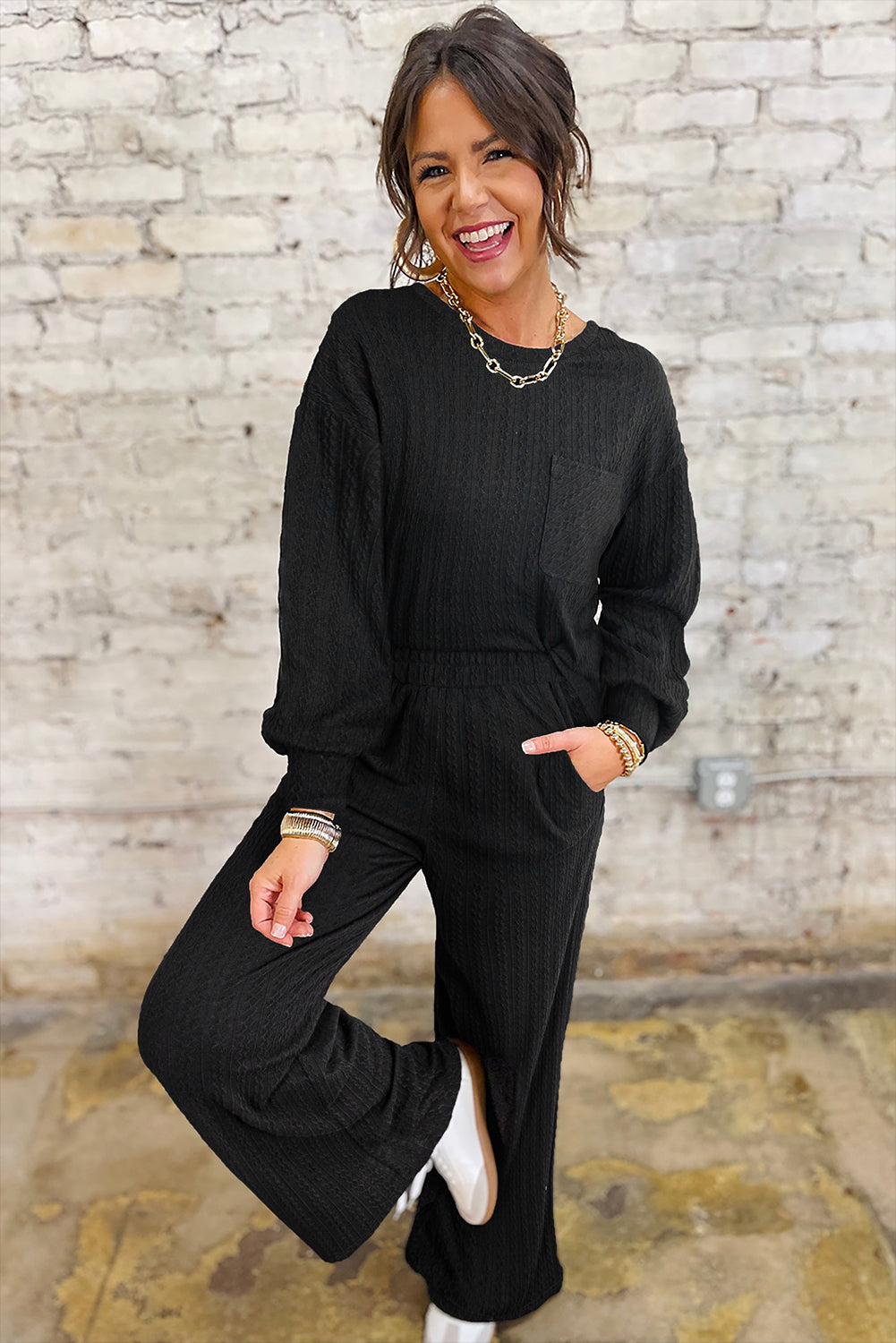 Black Textured Chest Pocket Drop Sleeve Top and Pants Set fa9db3255f52e2ff
